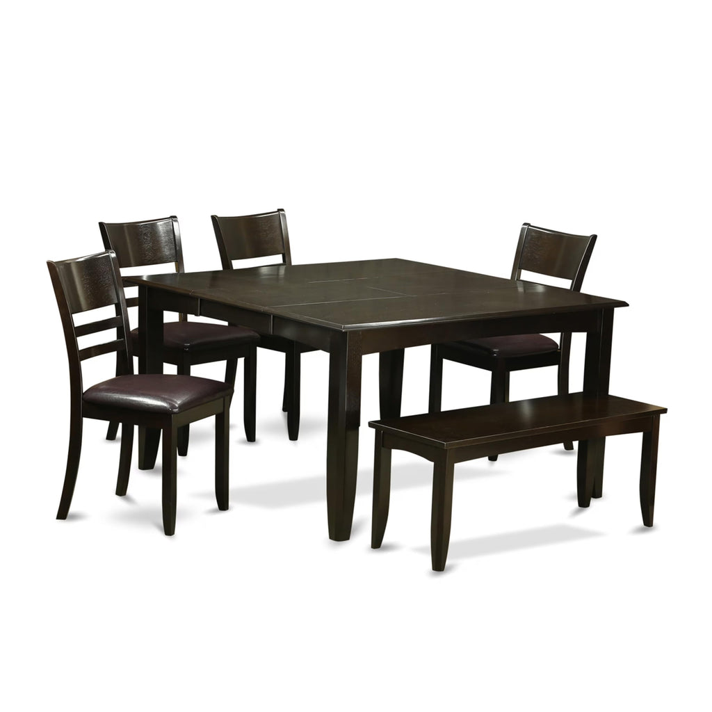 East West Furniture PFLY6-CAP-LC 6 Piece Dining Set Contains a Square Dining Room Table with Butterfly Leaf and 4 Faux Leather Kitchen Chairs with a Bench, 54x54 Inch, Cappuccino