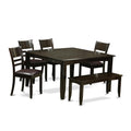 East West Furniture PFLY6-CAP-LC 6 Piece Dining Set Contains a Square Dining Room Table with Butterfly Leaf and 4 Faux Leather Kitchen Chairs with a Bench, 54x54 Inch, Cappuccino