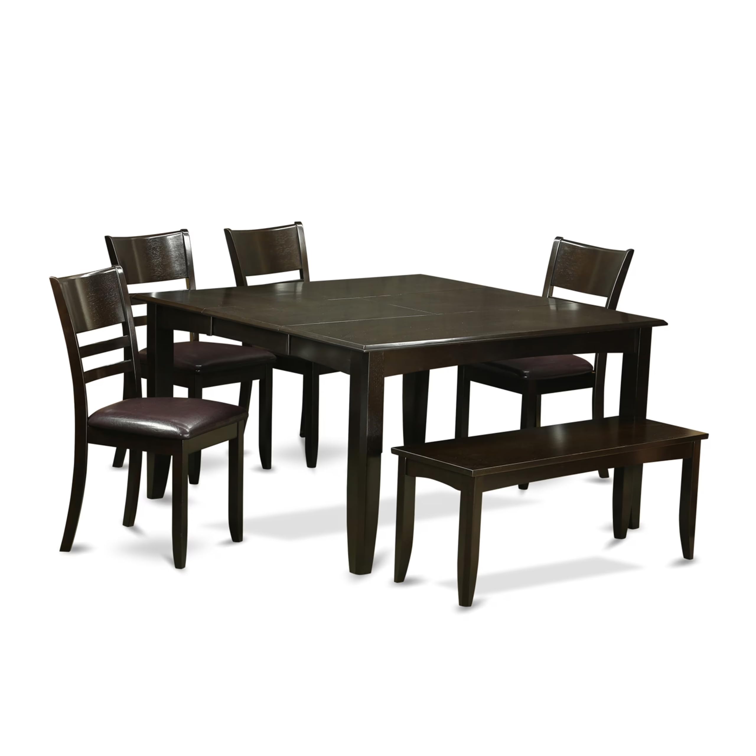 East West Furniture PFLY6-CAP-LC 6 Piece Dining Set Contains a Square Dining Room Table with Butterfly Leaf and 4 Faux Leather Kitchen Chairs with a Bench, 54x54 Inch, Cappuccino