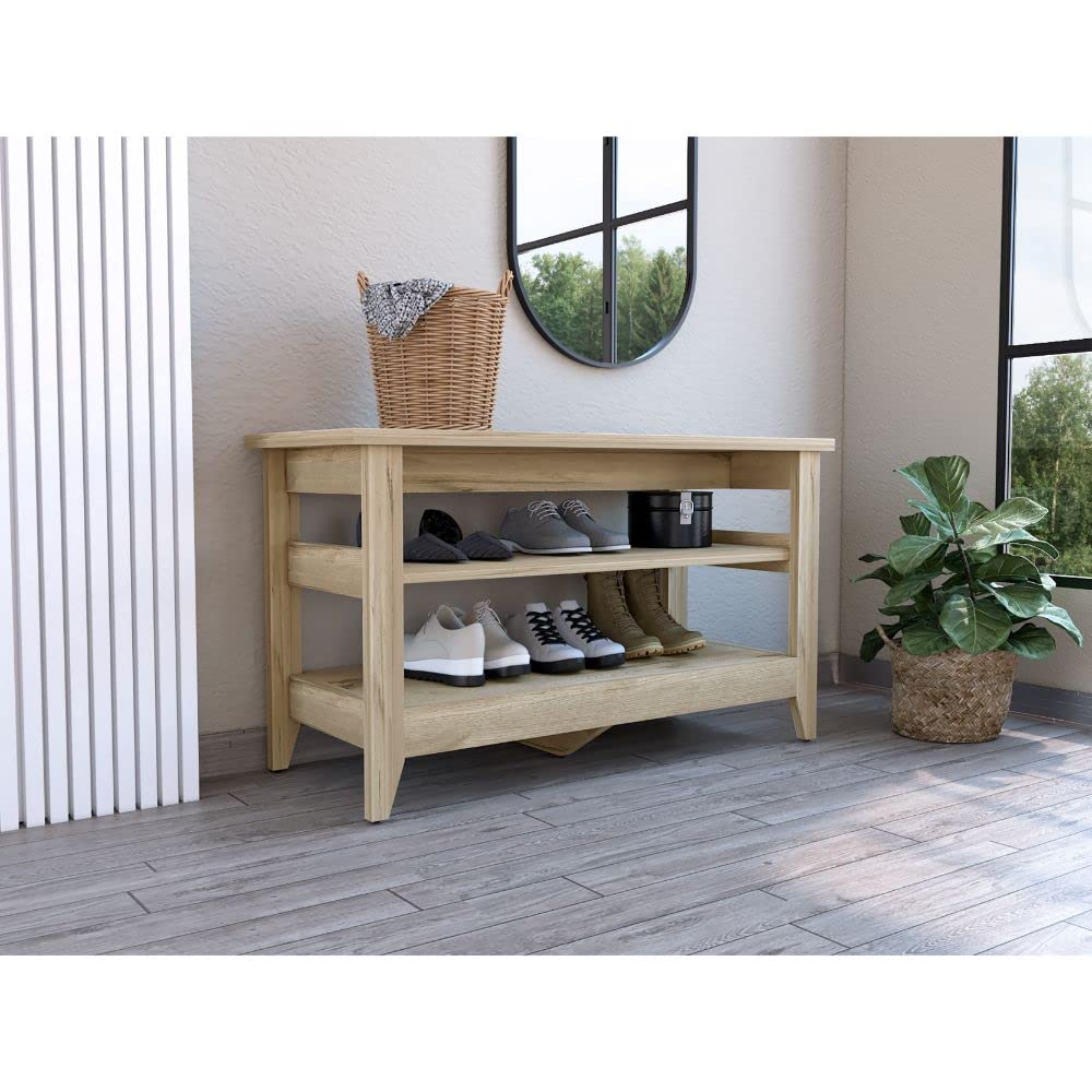 Mason Storage Bench, 2 Open Shelves, Light Oak