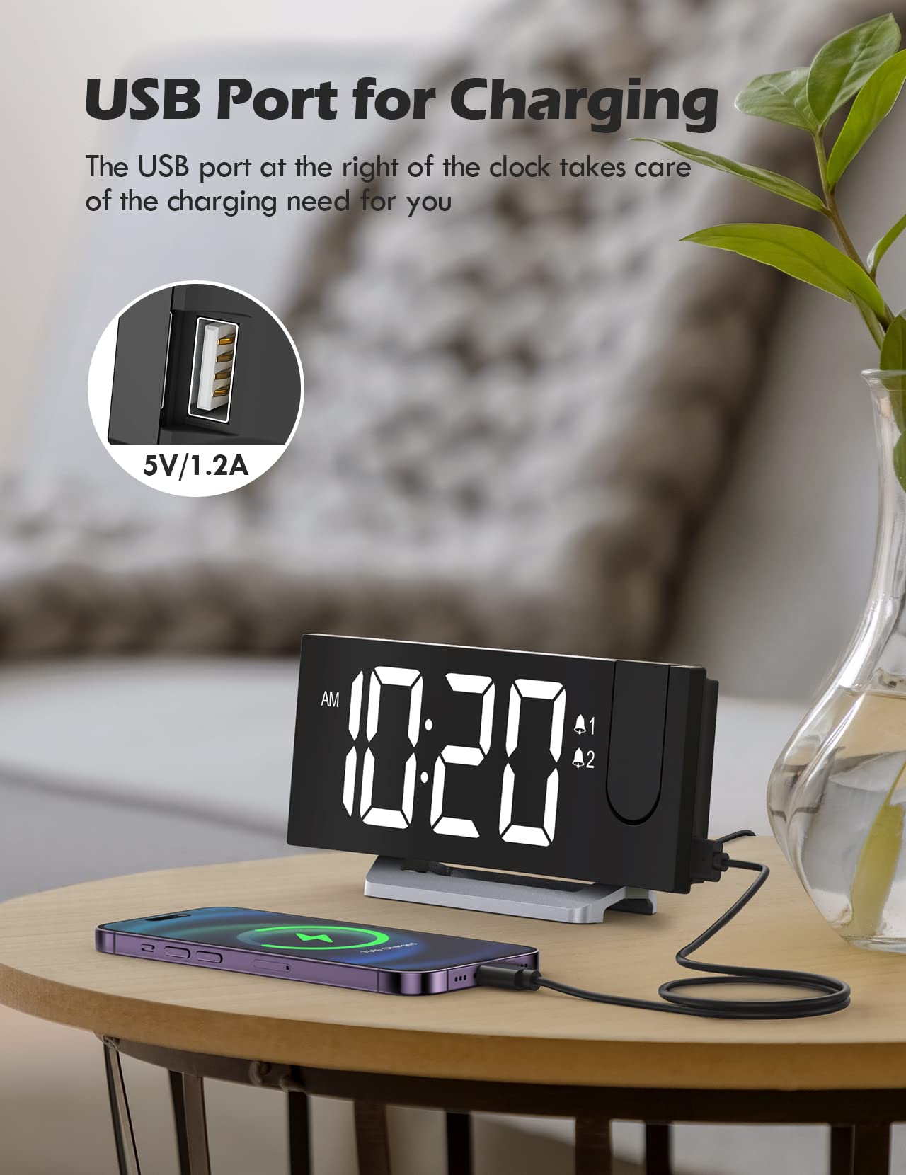 Projection Alarm Clock With Fm Radio, Usb Charging Port, 0-100% Dimmer, Dual Alarms, Hd Led Display, 30 Preset Stations, Sleep T