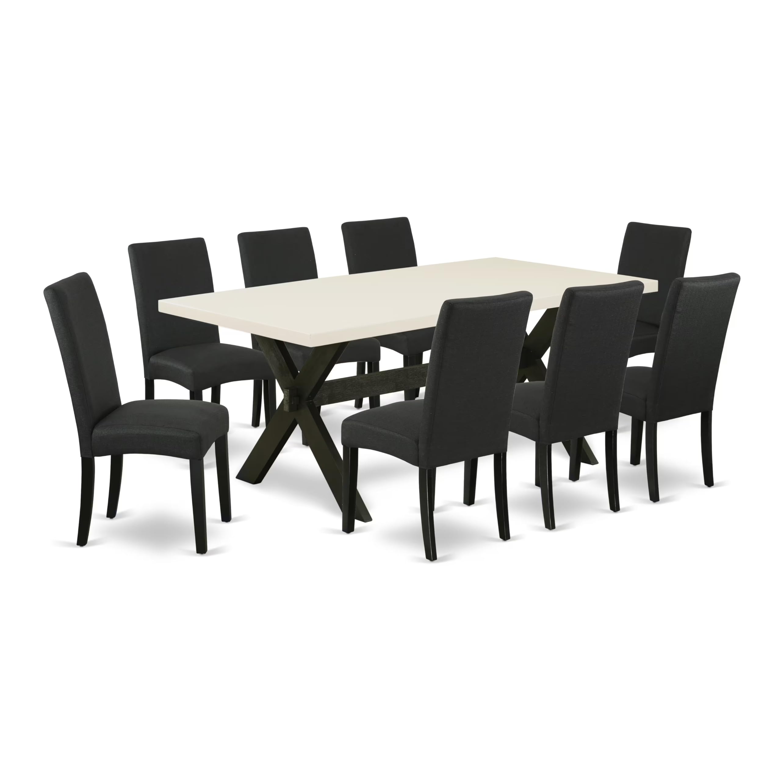 East West Furniture X627Dr124-9 9 Piece Modern Dining Table Set Includes A Rectangle Wooden Table With X-Legs And 8 Black Color Linen Fabric Parsons Dining Chairs, 40X72 Inch, Multi-Color