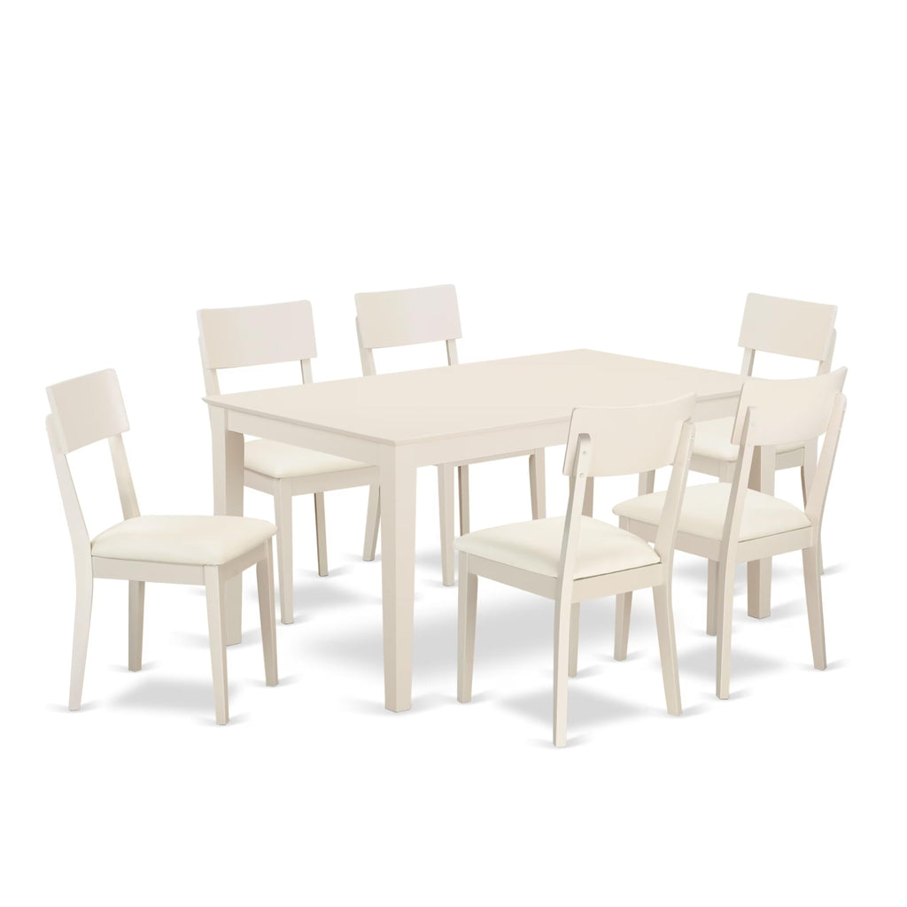 East West Furniture Caad7-Lwh-Lc 7 Piece Dining Table Set Consist Of A Rectangle Wooden Table And 6 Faux Leather Dining Room Chairs, 36X60 Inch, Linen White