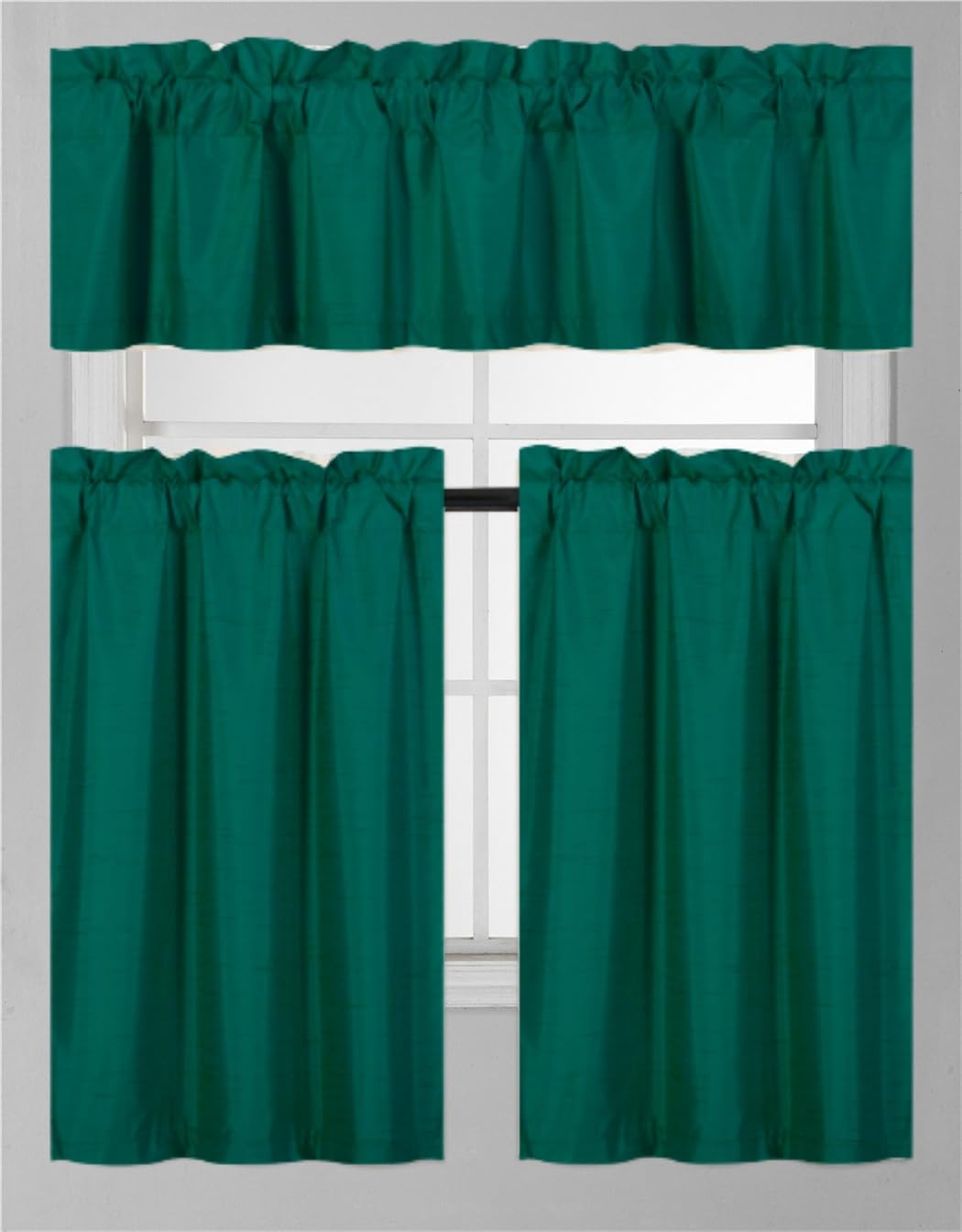 3Pc Set Solid Faux Silk Lined Blackout Rod Pocket Small Kitchen Window Curtain With Valance (K3) (Hunter Green)