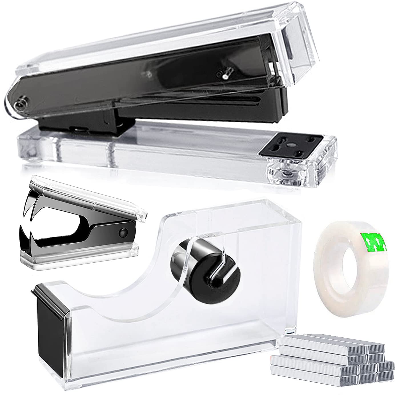 Acrylic Black Tape Dispenser Black Desktop Stapler, Acrylic Office Supplies Includes Staple Remover, Tape, 1000Pcs Staples Desk