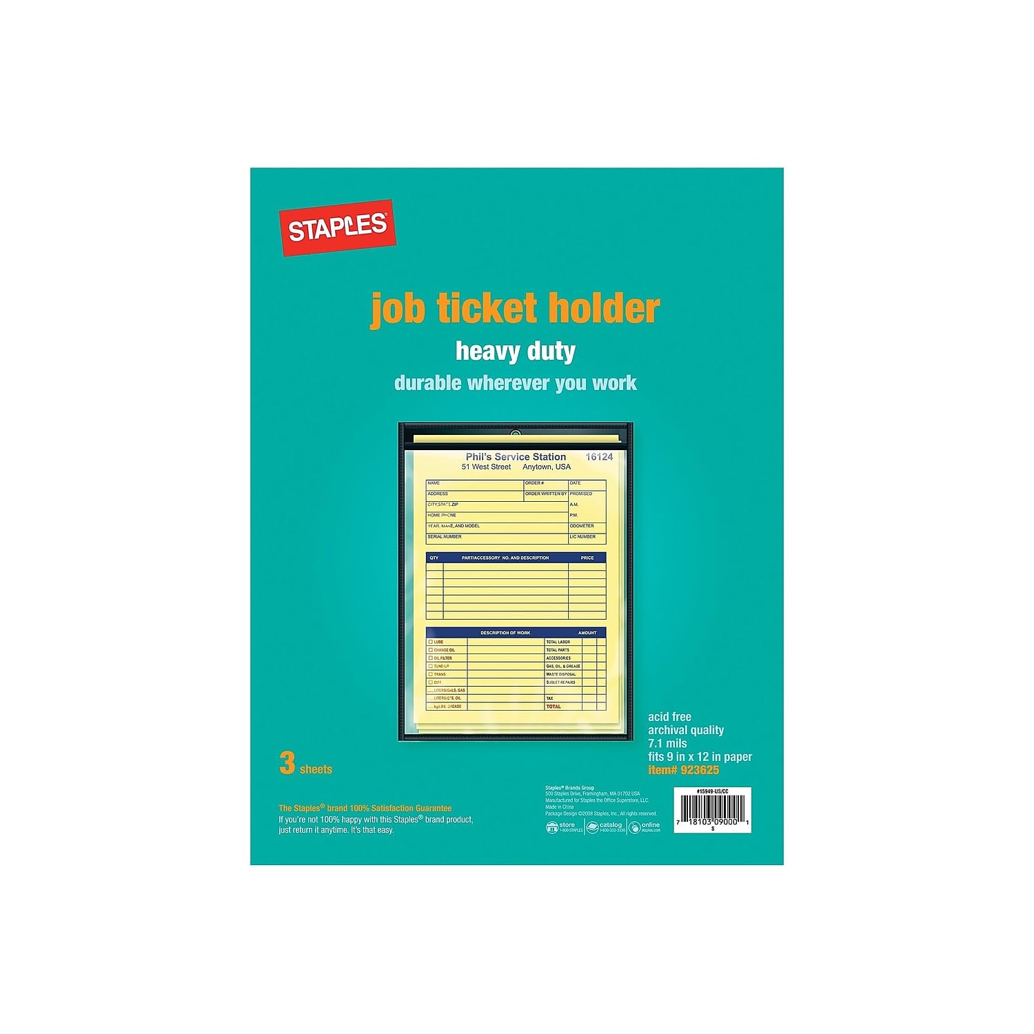 Staples Heavy Duty 9 X 12 Job Ticket Holders (3 Sheets); Pvc, Latex & Acid Free; 15949