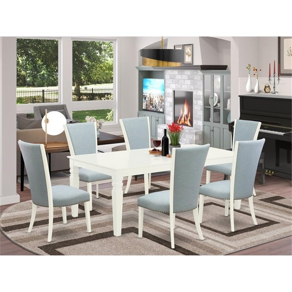 East West Furniture Lgve7-Lwh-15 7 Piece Kitchen Table & Chairs Set Consist Of A Rectangle Butterfly Leaf Dining Table And 6 Baby Blue Linen Fabric Parson Chairs, 42X84 Inch, Linen White