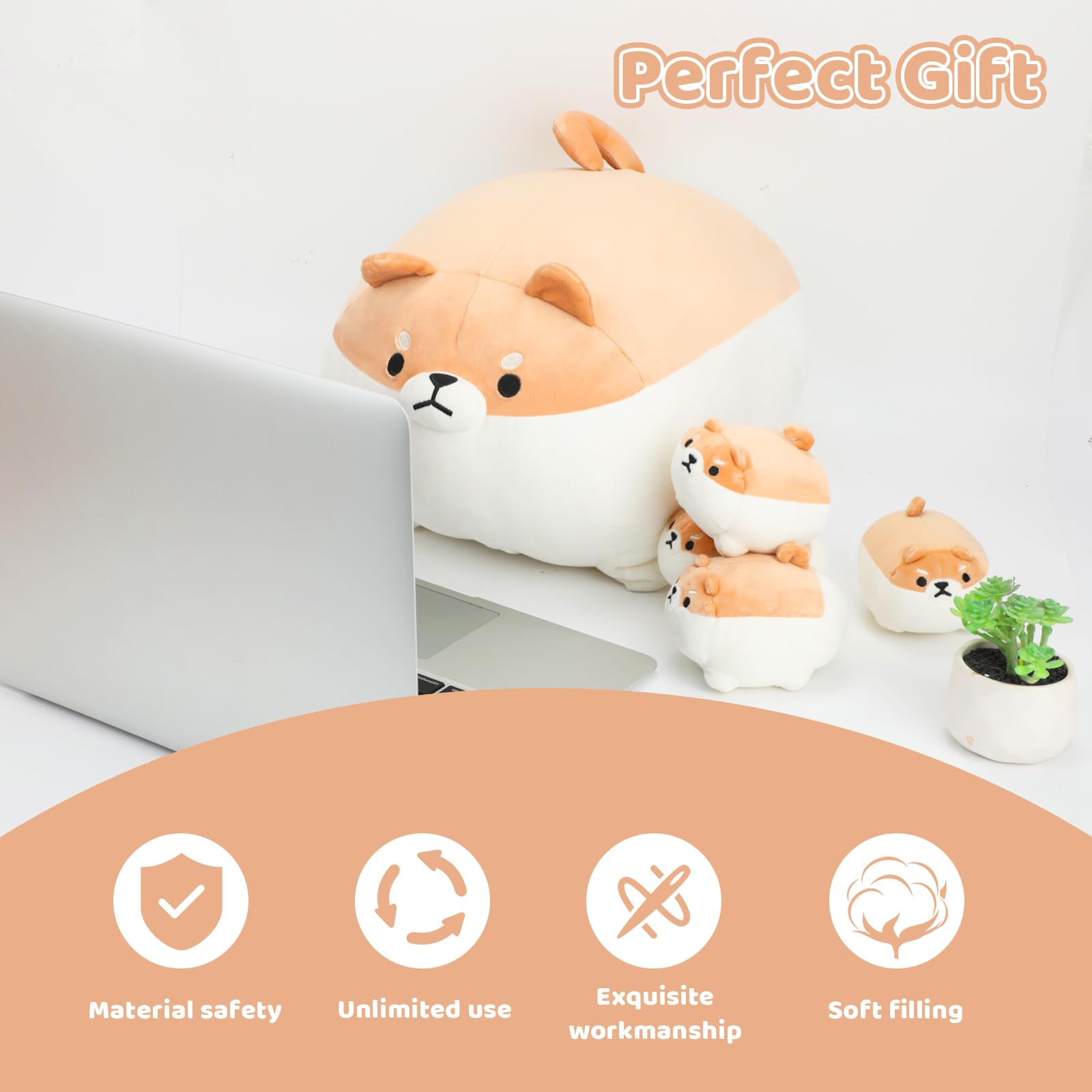 Atobaby Shiba Inu Plush Pillow 16 Inches With Four Babies In Mommys Belly, Super Soft Cartoon Dog Stuffed Animal Shiba Inu Plush