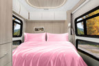 Homiest 4Pcs Rv Short Queen Satin Sheets Set Luxury Silky Satin Bedding Set With 10' Deep Pocket, Camper Queen Sheets, 1 Fitted Sheet + 1 Flat Sheet + 2 Pillowcases (Rv Short Queen, Pink)