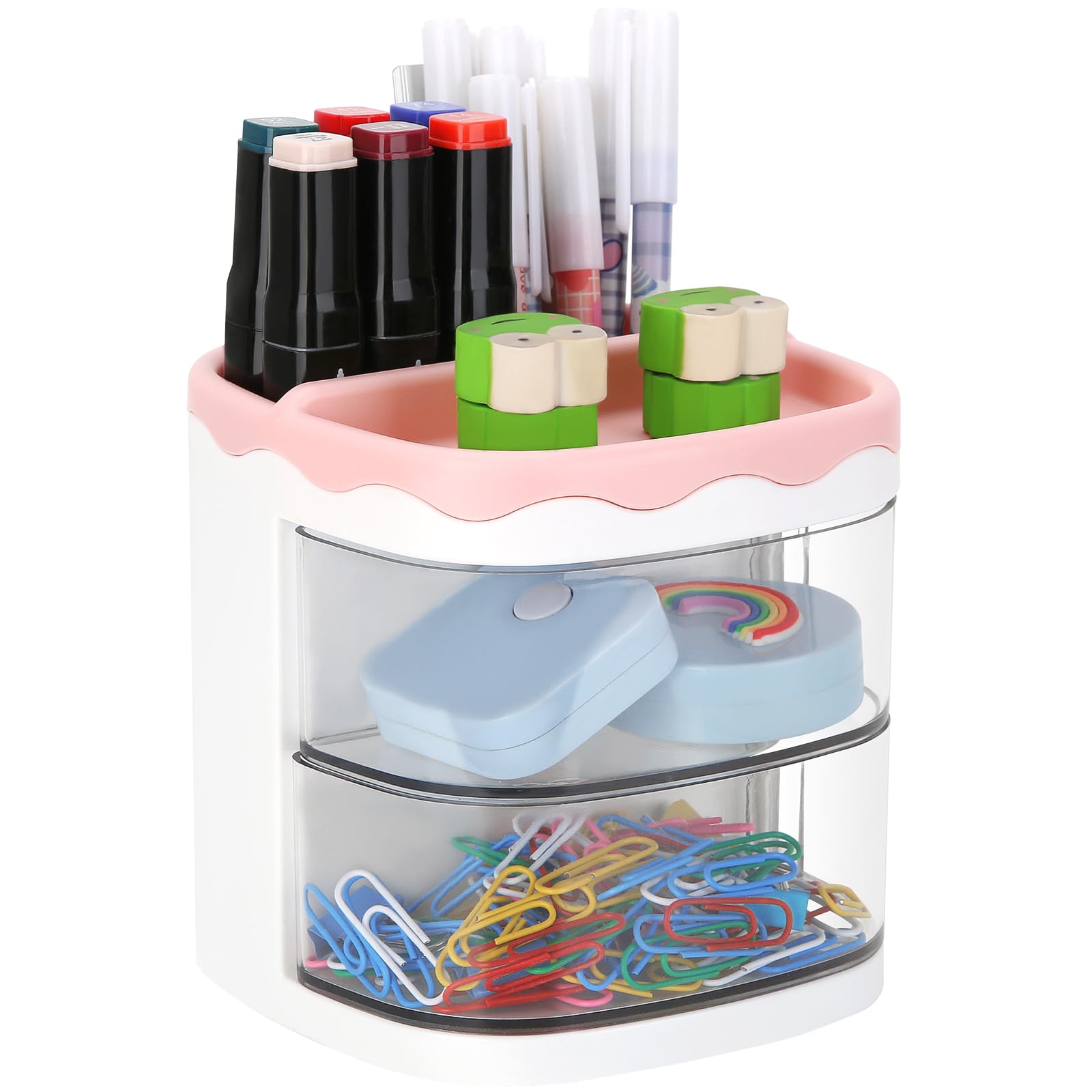 Leture Desk Pencil Pen Holder With Drawer, Desktop Storage Pen Marker Organizers Stationery Supplies, Cute Pencil Cup Pot For Of
