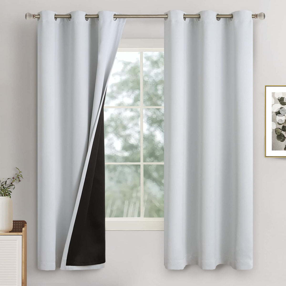 Quemas Greyish White Blackout Curtains For Bedroom 63 Inch Length 2 Panels,Thermal Insulated 100% Light Blocking Soundproof Grom