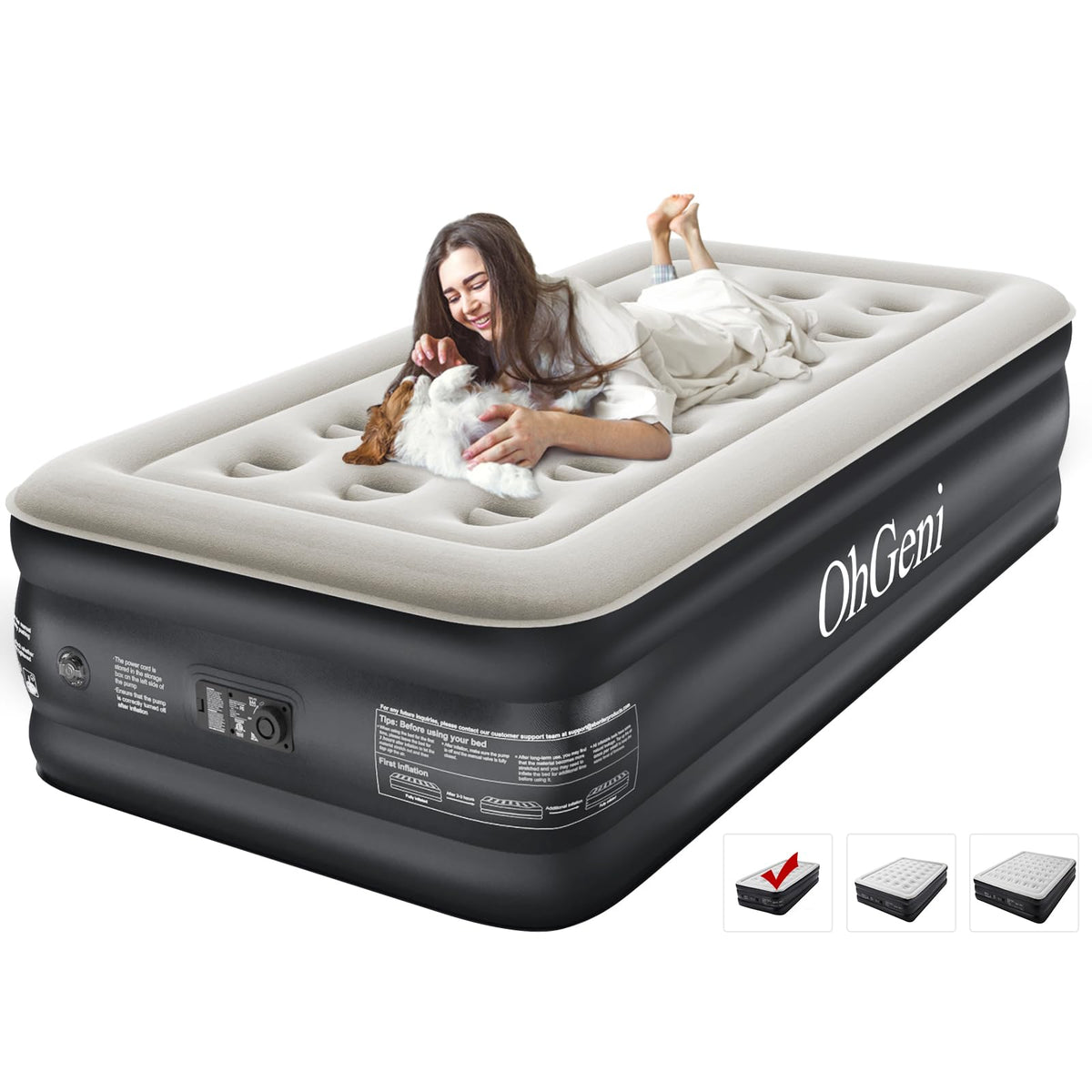 Ohgeni Twin Air Mattress With Built In Pump For Guest, 18'' Tall Colchon Inflables Blow Up Air Bed With Carrying Bag For Camping