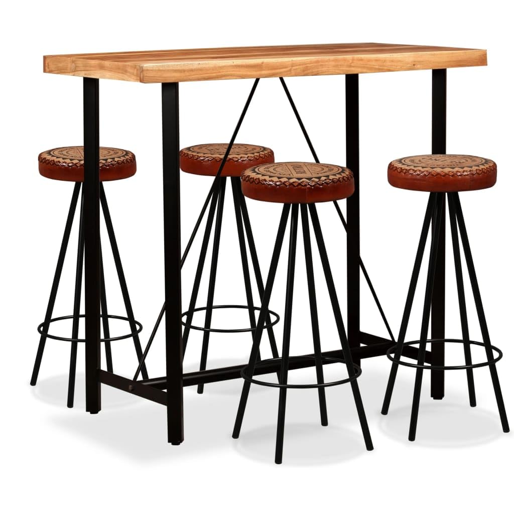 vidaXL Solid Acacia Wood Bar Set 5 Piece Heavy Duty Rustic Industrial High Stools Bistro Pub Restaurant Seating Set Genuine Leather Canvas Steel