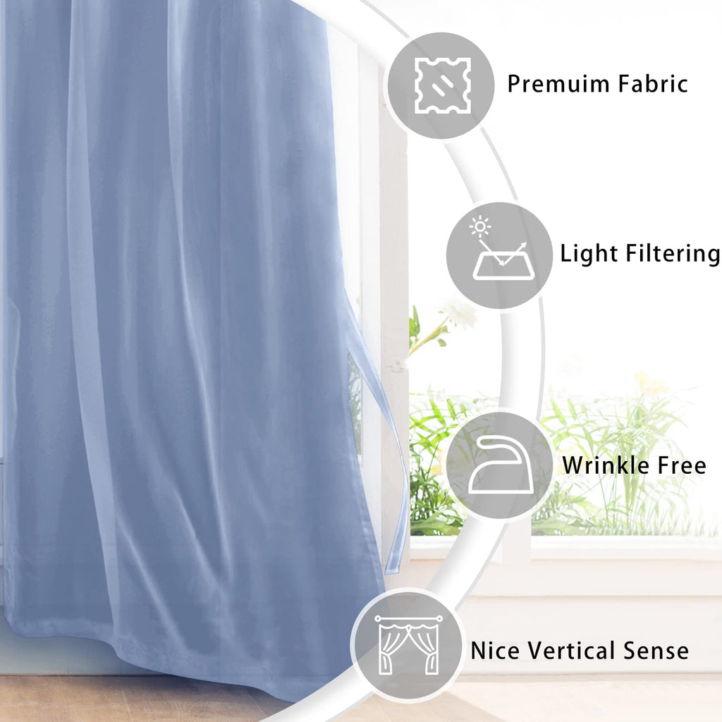 Hiasan Dusty Blue Sheer Curtains For Bedroom With Tiebacks, Grommet Light Filtering Extra Wide Voile Texture Window Curtains For Living Room, Kids' Room And Nursery, W70 X L84, 2 Soft Drape Panels