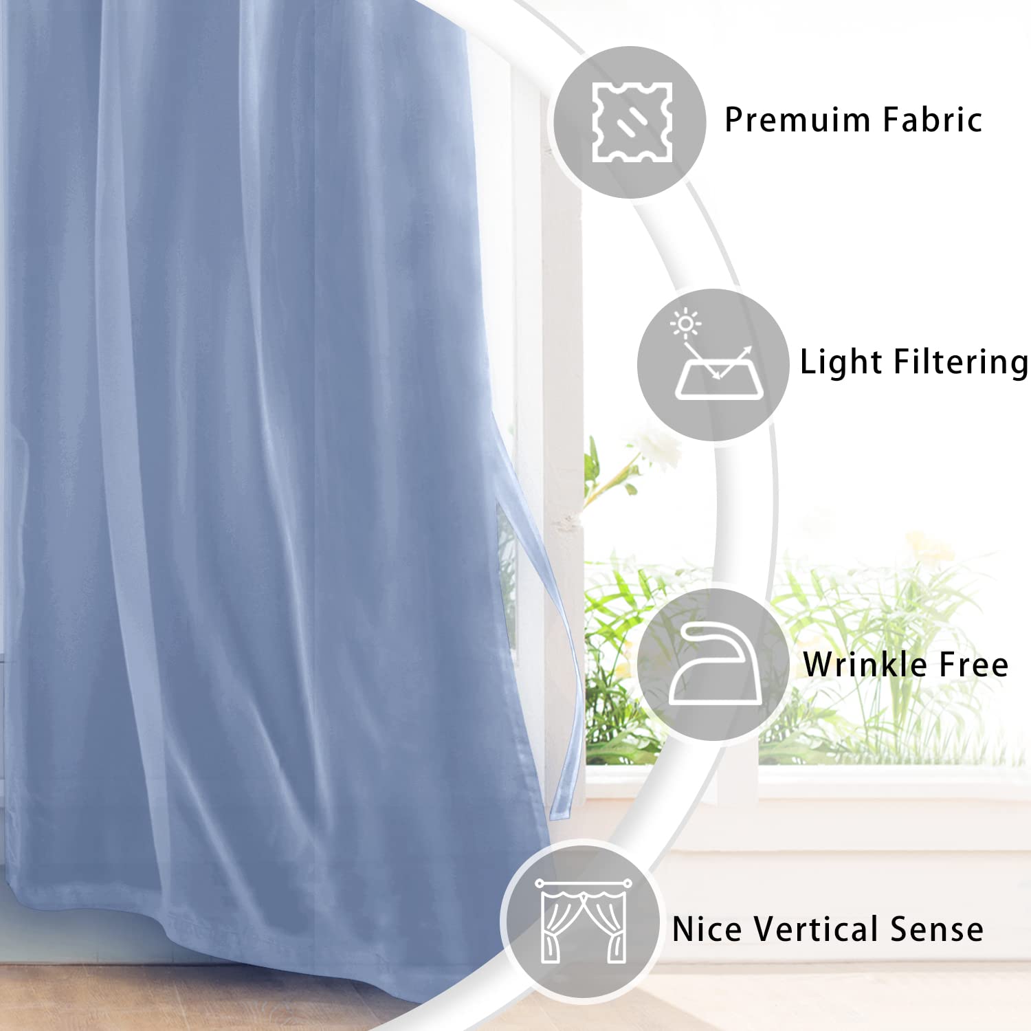 Hiasan Dusty Blue Sheer Curtains For Bedroom With Tiebacks, Grommet Light Filtering Extra Wide Voile Texture Window Curtains For Living Room, Kids' Room And Nursery, W70 X L84, 2 Soft Drape Panels