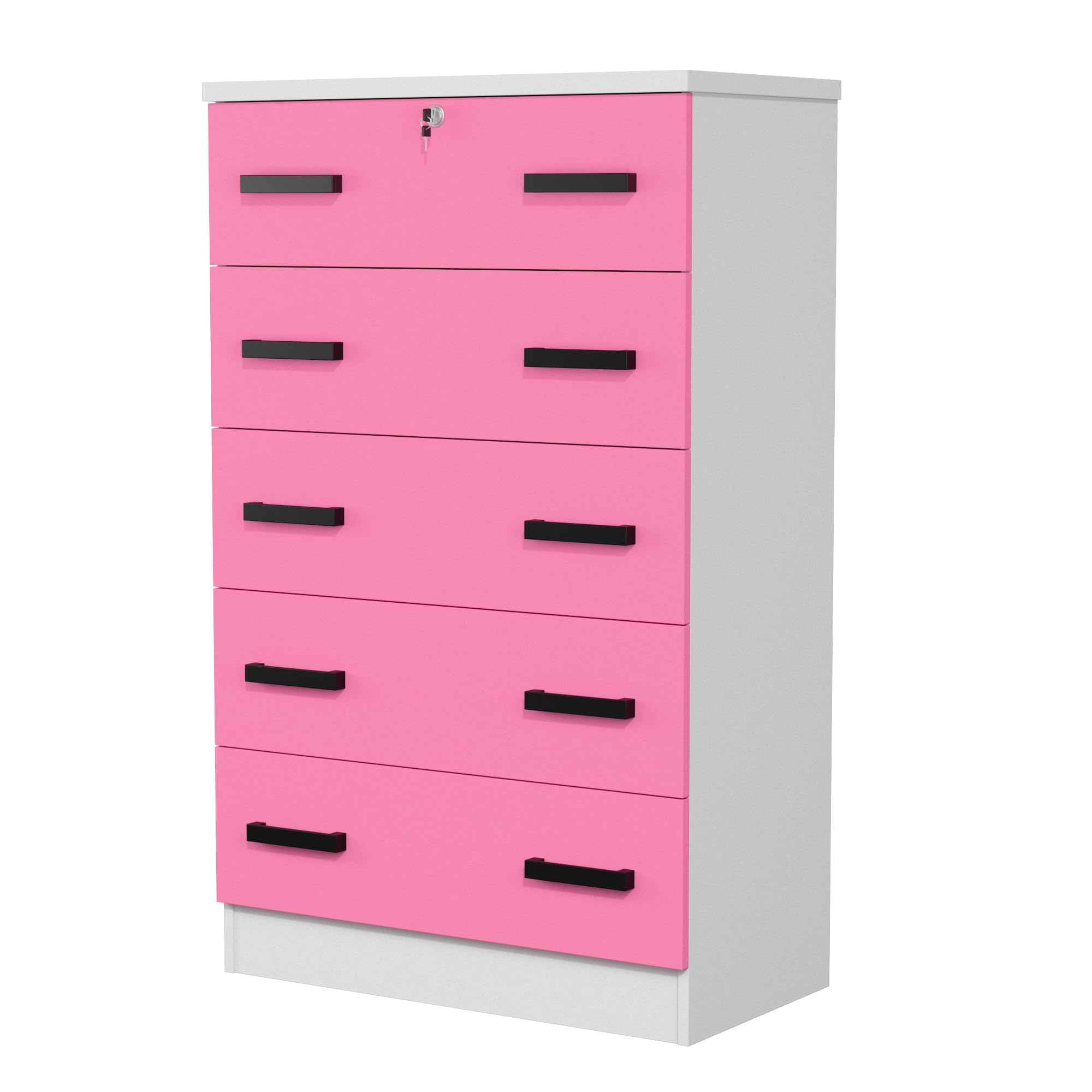 Cindy 5 Drawer Chest Wooden Dresser with Lock (White and Pink)