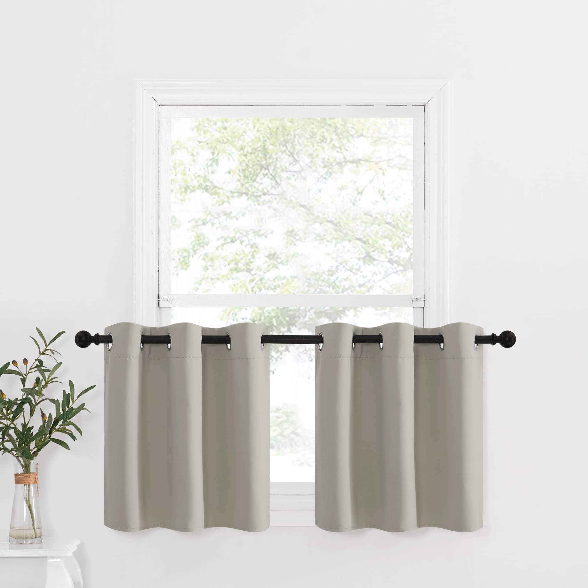 Nicetown Kitchen Window Valances For Half Window, Farmhouse Grommet Window Tiers For Living Room, Room Darkening Country Small Curtains For Bathroom (Natural, 1 Pair, 42' Wide X 24' Long)