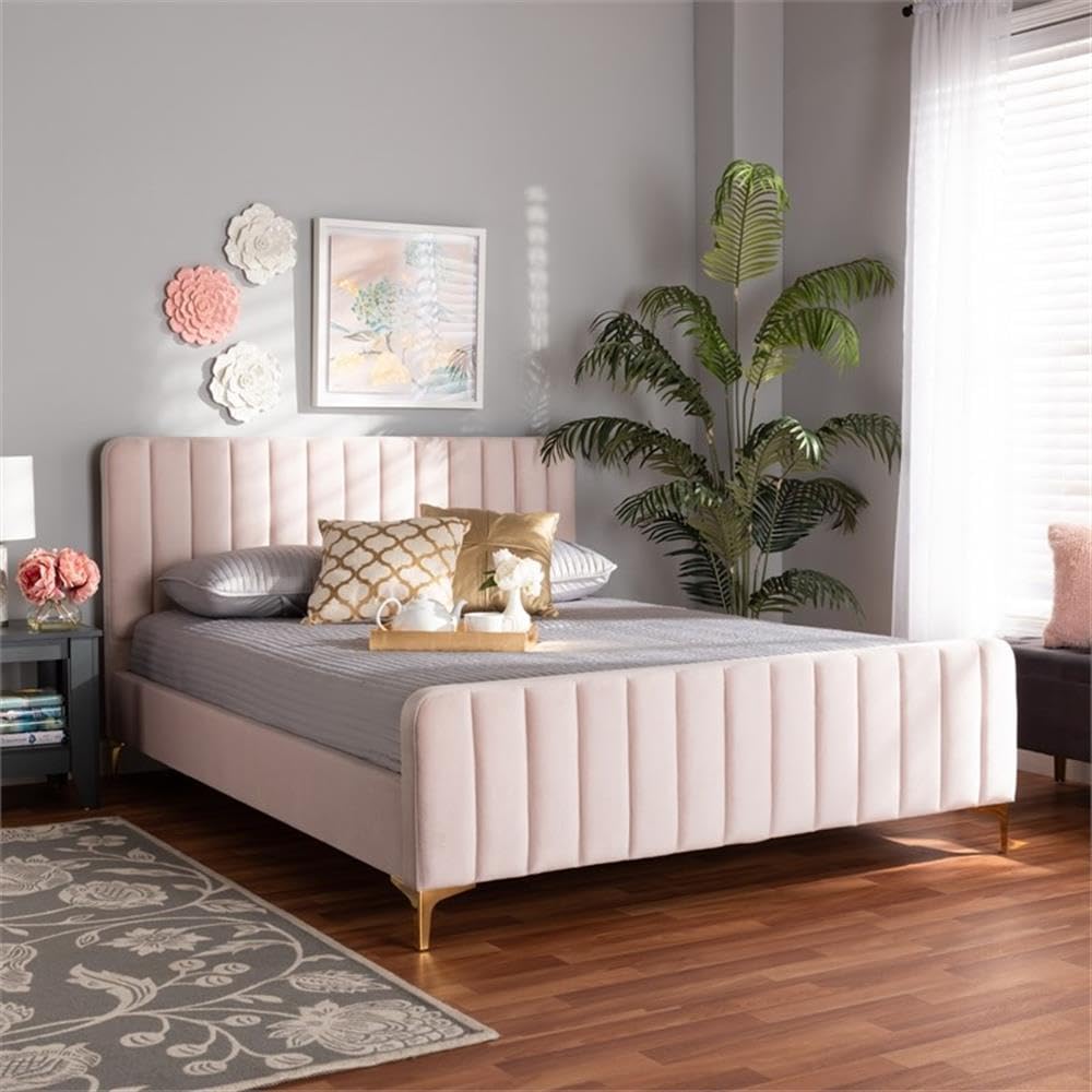 Baxton Studio Nami Modern Contemporary Glam and Luxe Light Pink Velvet Fabric Upholstered and Gold Finished Queen Size Platform Bed