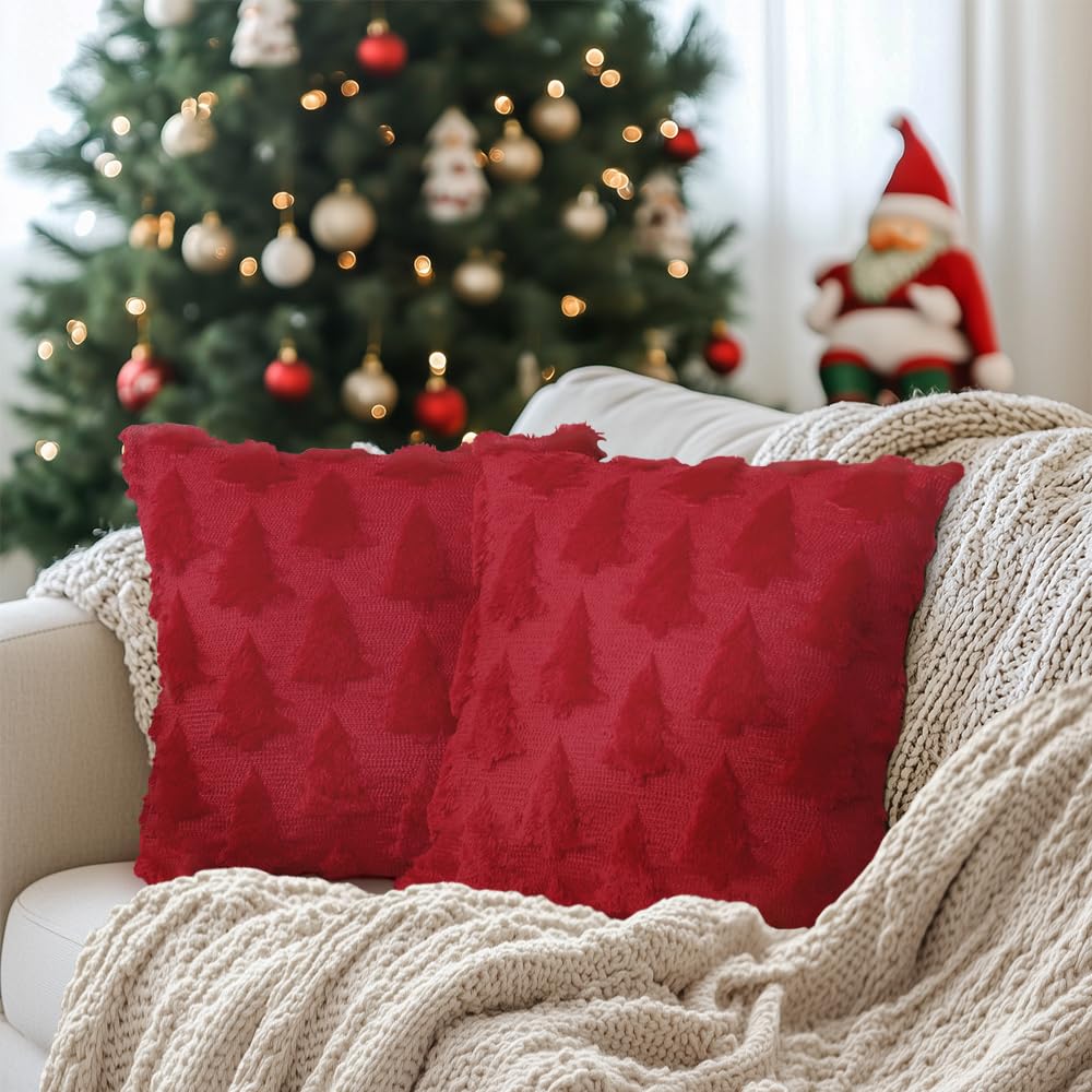 Geeory Christmas Tree Throw Pillow Covers 16X16 Inch Set Of 2, Xmas Winter Soft Plush Faux Fur Wool Decorative Farmhouse Holiday