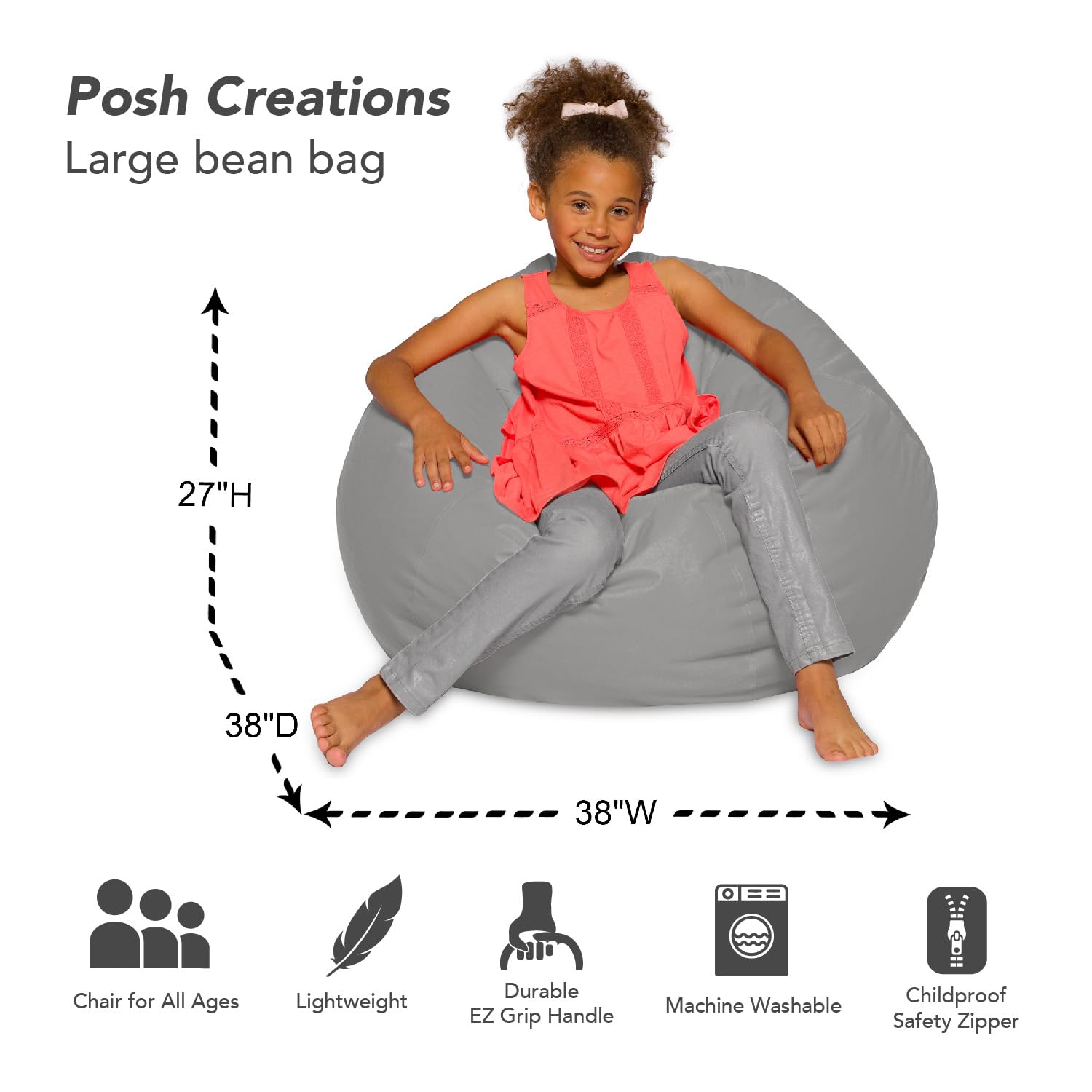 Posh Creations Bean Bag Chair For Kids, Teens, And Adults Includes Removable And Machine Washable Cover, 38In - Large, Solid Gray (Blg-Bp004)