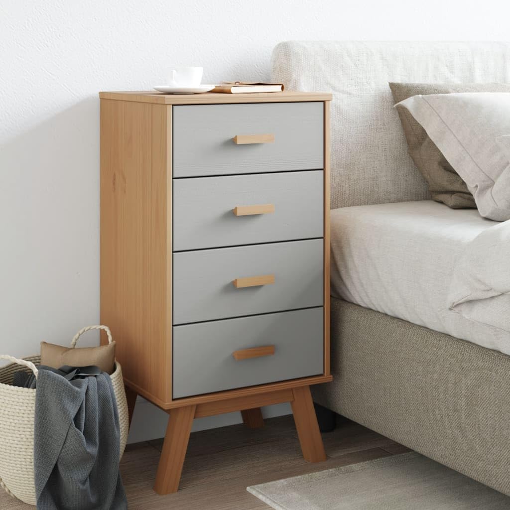 vidaXL Olden Bedside Cabinet - Scandinavian Solid Pine Wood Nightstand in Gray/Brown with 4 Drawers - 17.7&quot; x 15.4&quot; x 35.4&quot; for Bedroom Storage