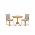 East West Furniture AMAB3-OAK-04 3 Piece Dining Set Contains a Round Kitchen Table with Pedestal and 2 Light Tan Linen Fabric Parson Dining Room Chairs, 36x36 Inch, Oak