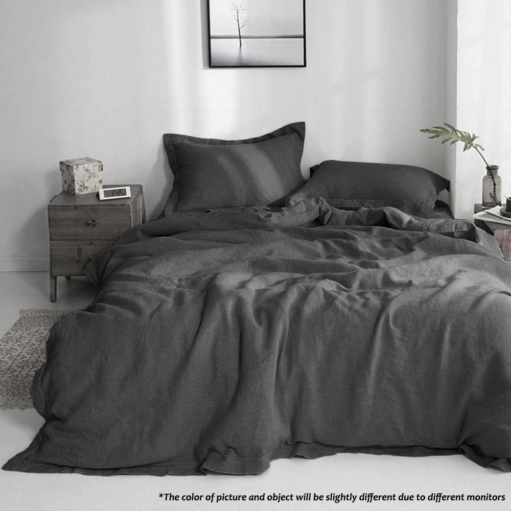 Simple&Opulence 100% Linen Duvet Cover Set With Embroidery Border Washed - 3 Pieces (1 Duvet Cover With 2 Pillow Shams) With Button Closure Soft Breathable Farmhouse - Dark Grey, Queen Size