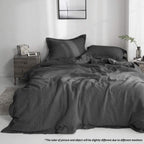 Simple&Opulence 100% Linen Duvet Cover Set With Embroidery Border Washed - 2 Pieces (1 Duvet Cover & 1 Pillow Sham) With Button Closure Soft Breathable Farmhouse - Dark Grey, Twin Size