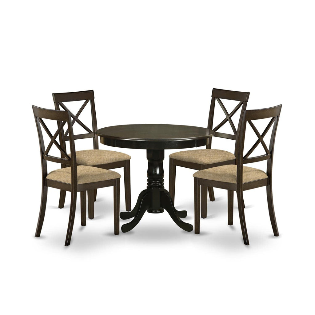 East West Furniture HLBO5-CAP-C 5 Piece Dining Room Furniture Set Includes a Round Dining Table with Pedestal and 4 Linen Fabric Upholstered Chairs, 42x42 Inch, Cappuccino