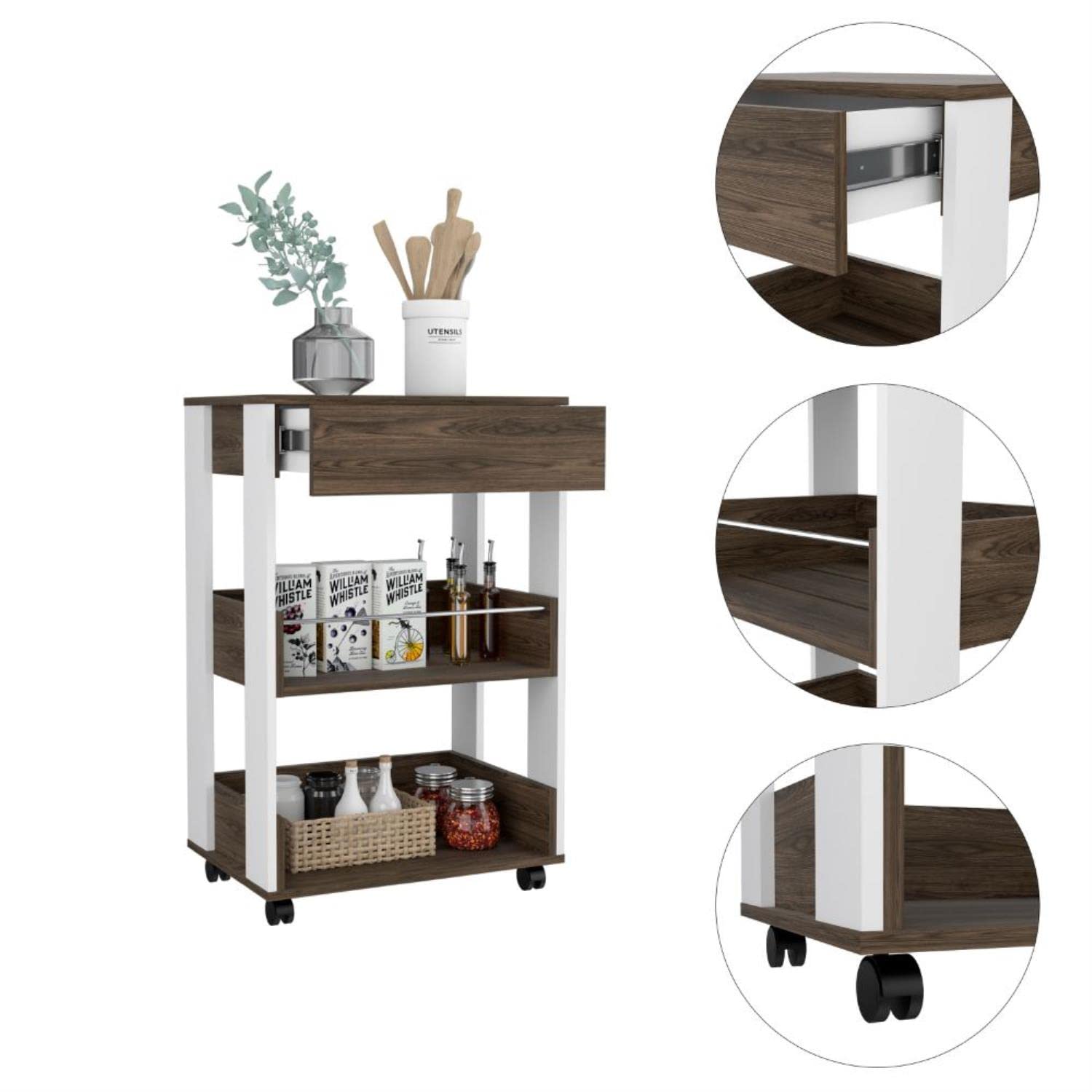 Modern Kitchen Cart 35&quot; H, 4 Casters, 3 Shelves, White/Dark Walnut