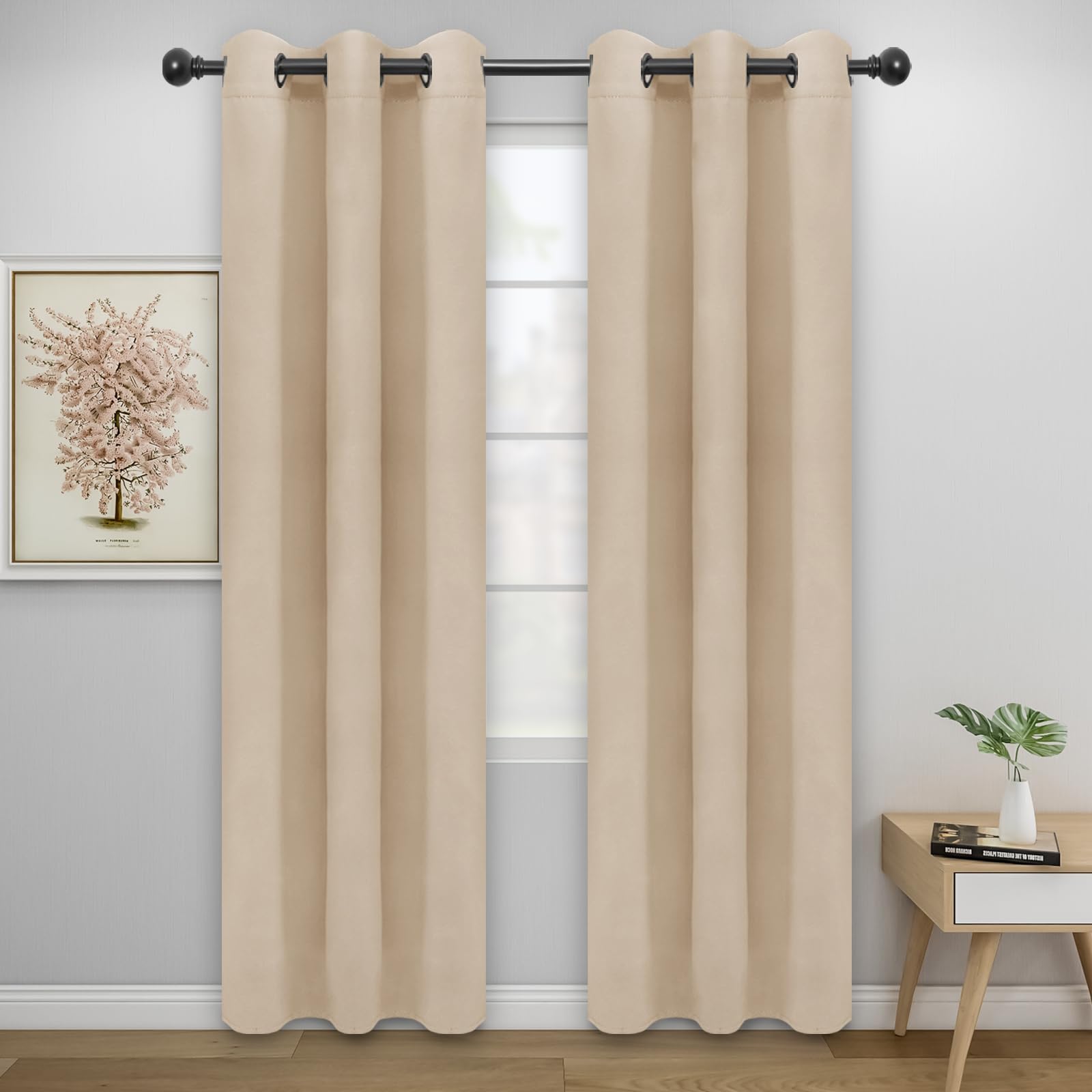 Easy-Going Blackout Curtains For Bedroom, Solid Thermal Insulated Grommet And Noise Reduction Window Drapes, Room Darkening Curtains For Living Room, 2 Panels (34X84 In, Beige)