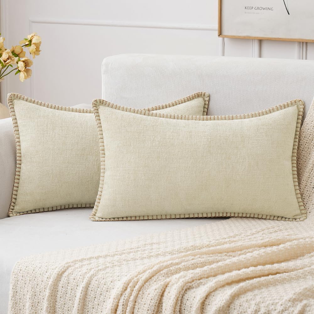 Miulee Pack Of 2 Couch Throw Pillow Covers 12X20 Inch Cream White Farmhouse Decorative Pillow Covers With Stitched Edge Soft Che