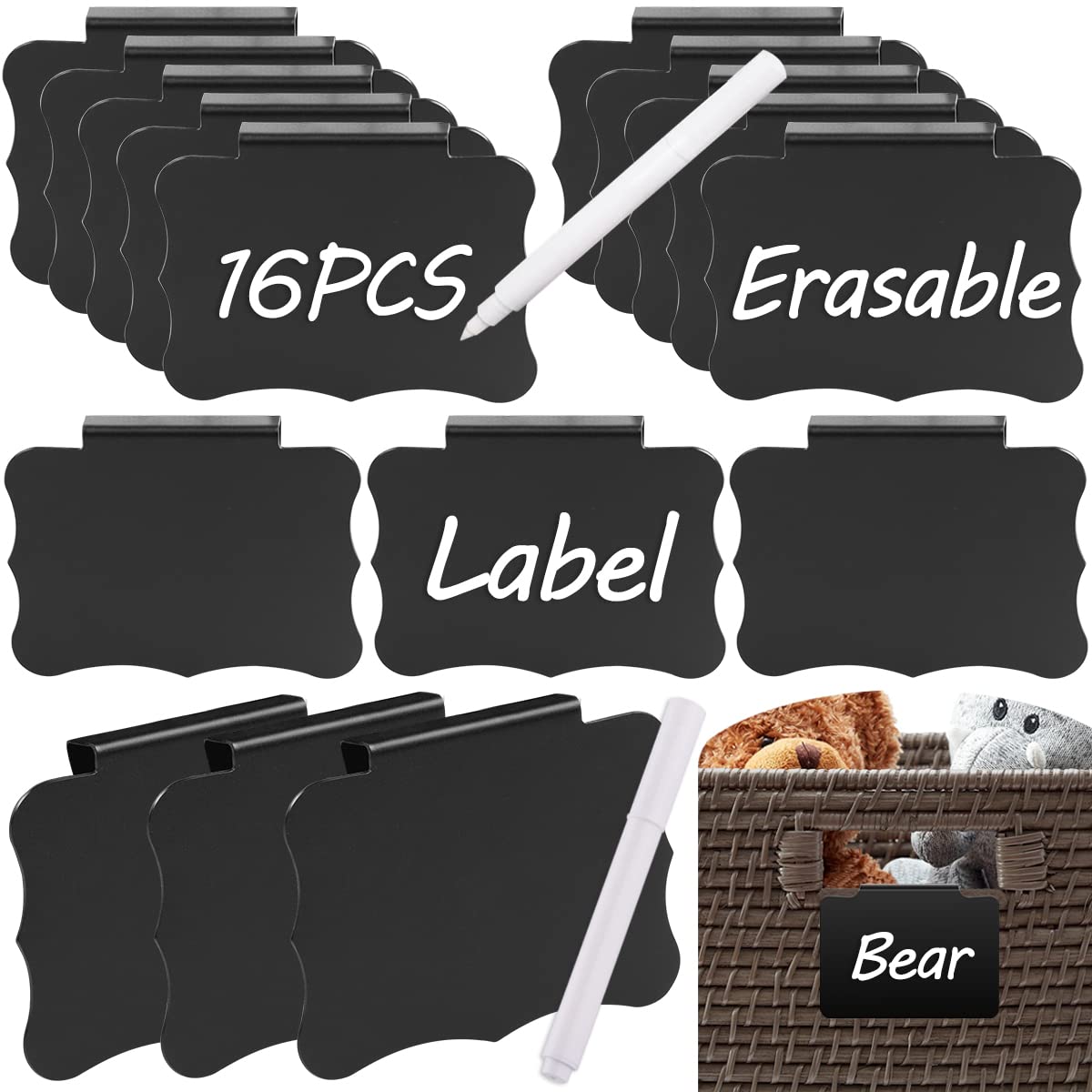 16Pcs Basket Labels, Clip On Labels For Storage Bins Removable Kitchen Bin Baskets And Chalk Markers Reusable Office Classroom B