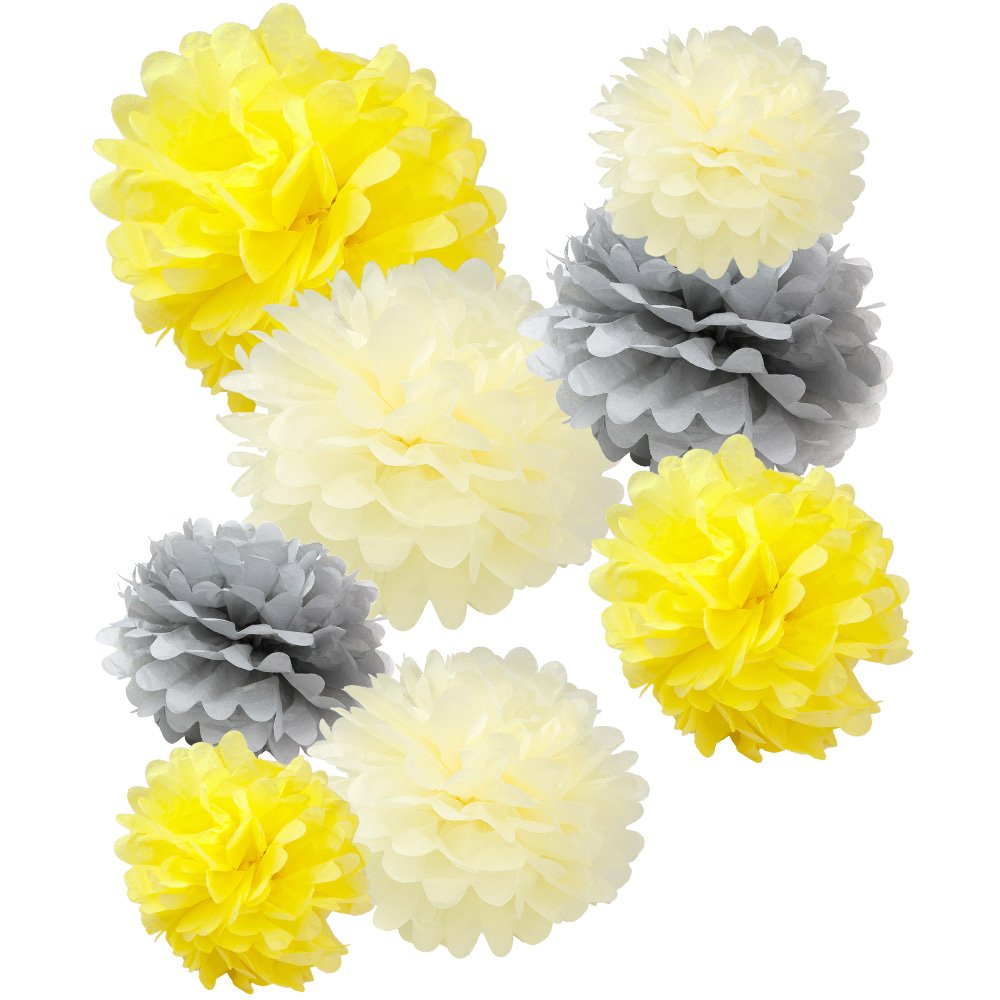 WYZworks Set of 8 (Assorted Honey Yellow/Ivory/Grey Color Pack) 10 12 16 DIY Tissue Pom Poms Flower Party Decorations for Weddin