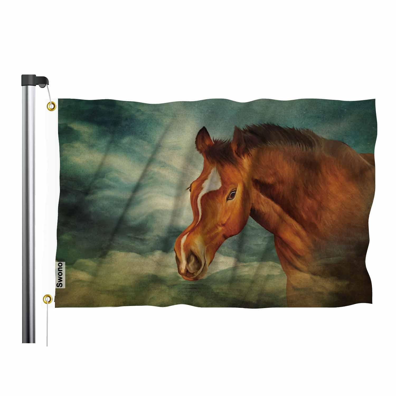 Swono Brown Horse Outdoor Flag 3X5 Ft Clouds Old Retro Brown Blue Sky Oil Painting Style Flag Big Flag For Outdoor Indoor Office