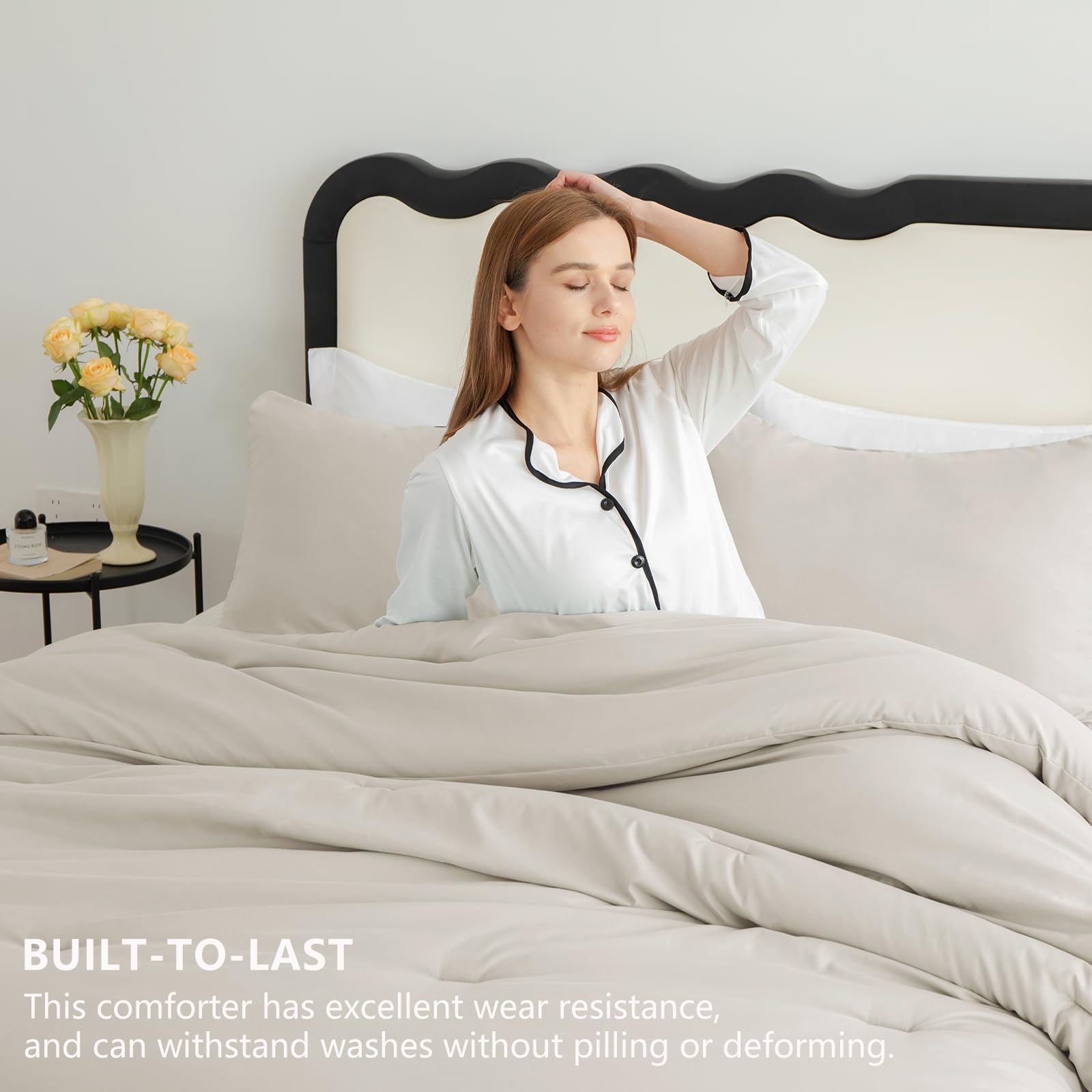 Cozylux Beige Comforter Set Twin/Twin Xl Size, 2 Pieces Twin Extra Long Boho Solid Breathable Quilted Style Bedding Sets, Luxury Fluffy Soft Microfiber Comforter All Season(1 Comforter & 1 Pillowcase)