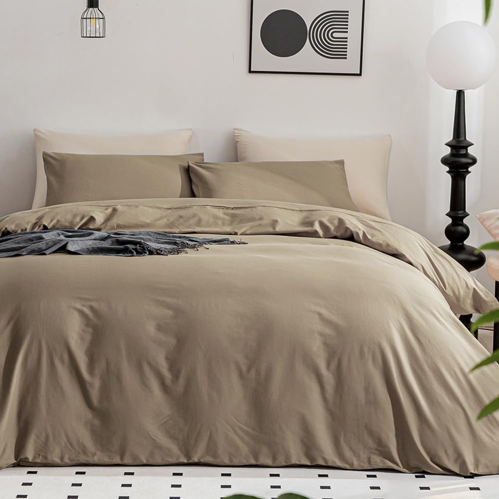 Jellymoni Khaki Duvet Cover Full Size - 100% Washed Cotton Linen Feel Textured Comforter Cover, 3 Pieces Breathable Soft Bedding