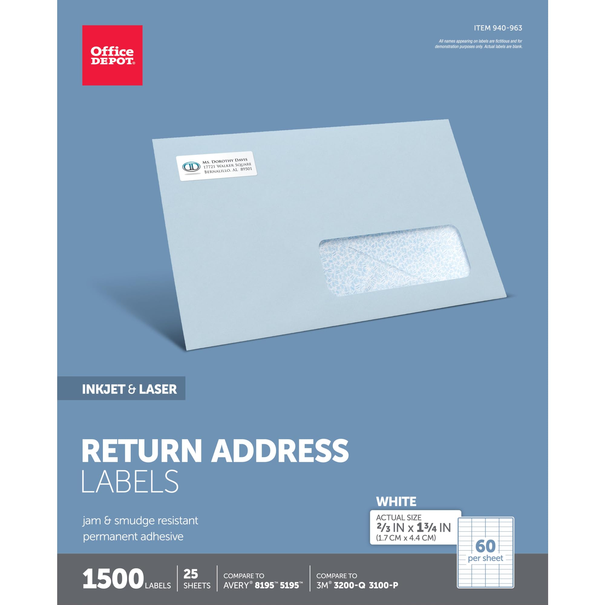 Office Depot White Inkjet/Laser Return Address Labels, 2/3In. X 1 3/4In., Pack Of 1,500, 505-O004-0015