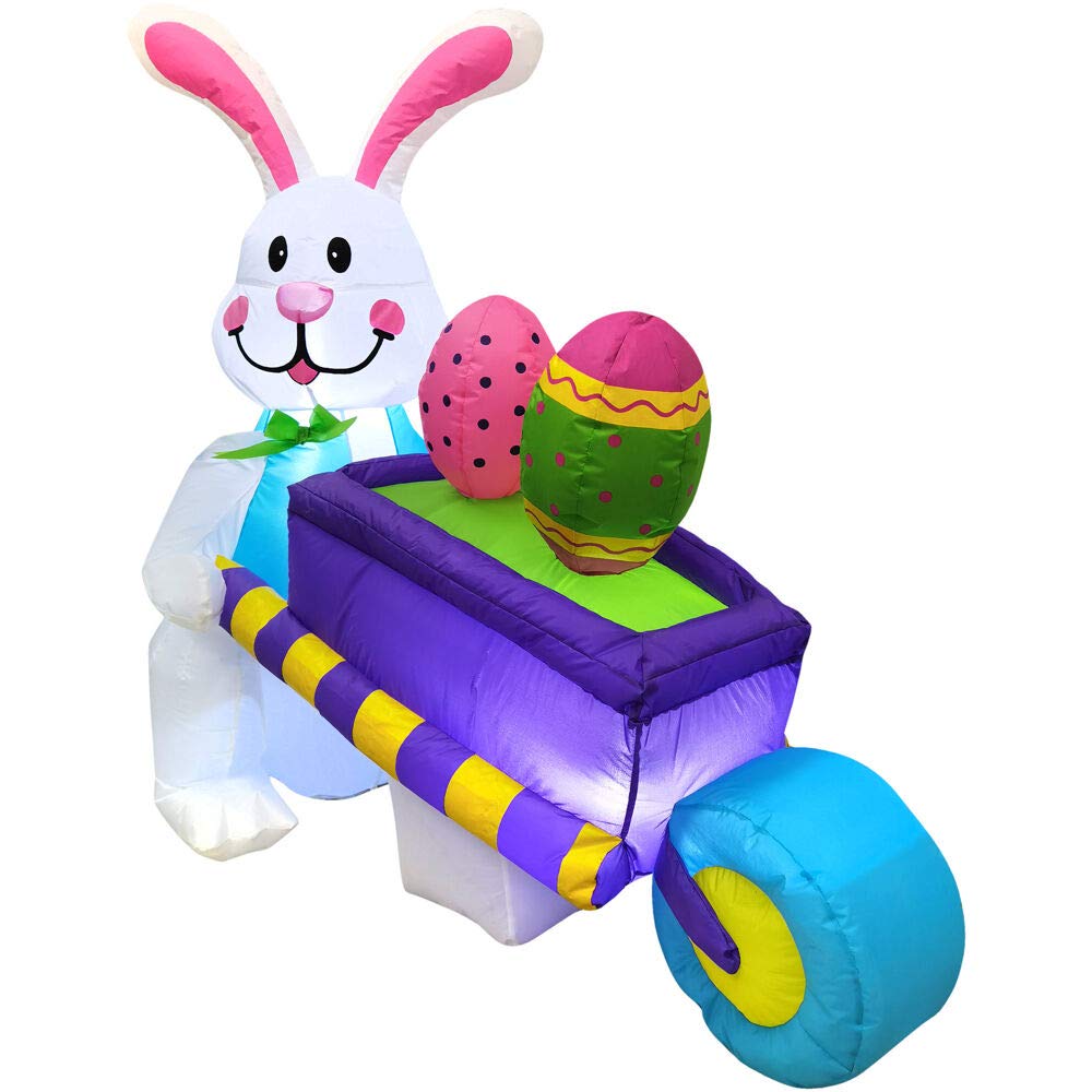 Fraser Hill Farm 4-Ft. Tall Easter Bunny Pushing A Purple Egg-Cart, Outdoor/Indoor Blow Up Spring Inflatable With Lights, Multi (Fhinestbn041-L2)