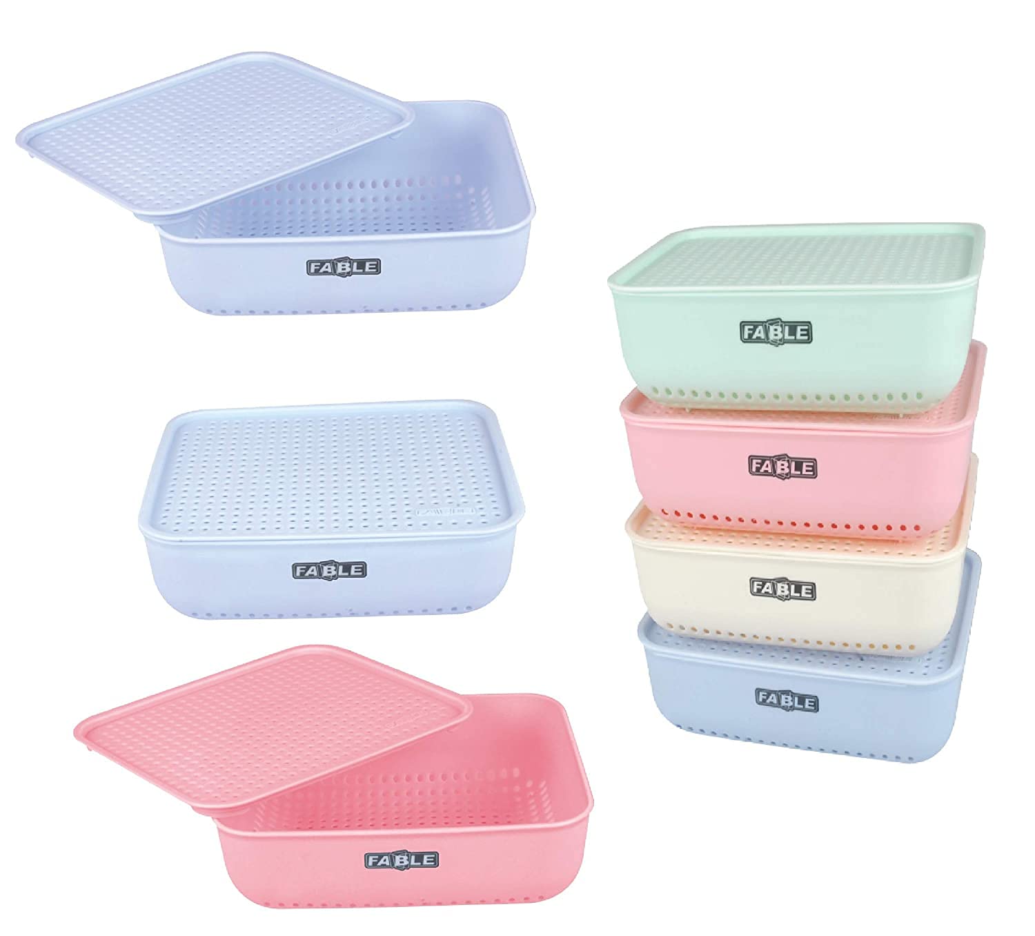 Fable Combo Of 4 Size Multipurpose Storage Basket With Lid Plastic Box Organiser For Home Kitchen Storage Basket (Pack Of 4) (Cr