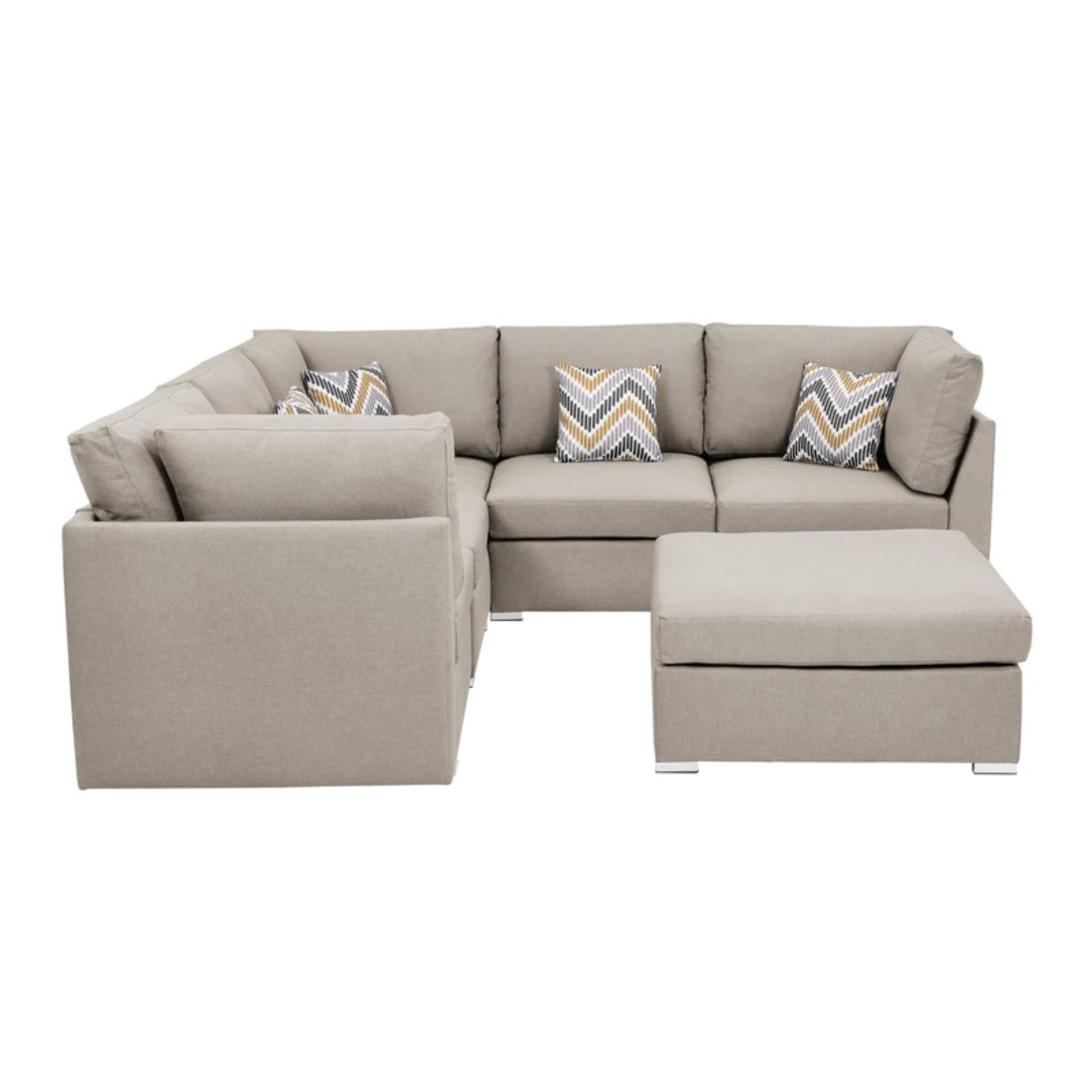 Lilola Home Amira Beige Fabric Reversible Sectional Sofa with Ottoman and Pillows