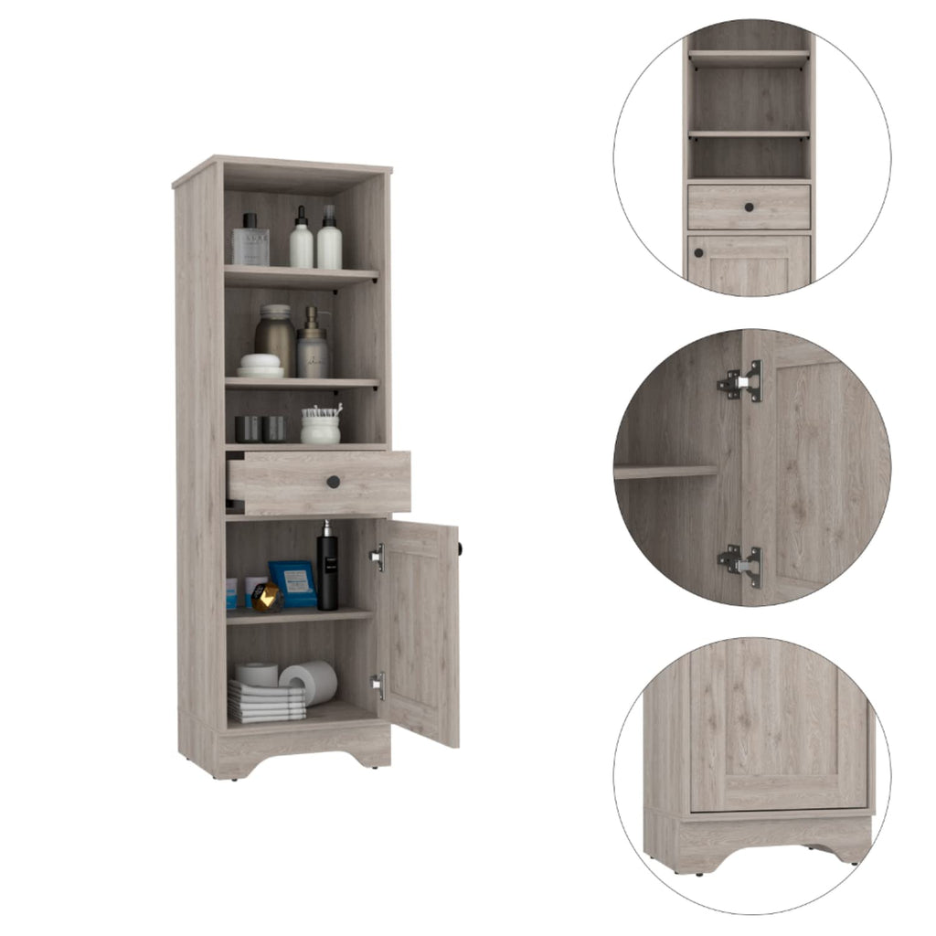 Linen Single Door Cabinet 55H, 3 External Shelves, 1 Drawer, 2 Interior Shelves, Light Gray
