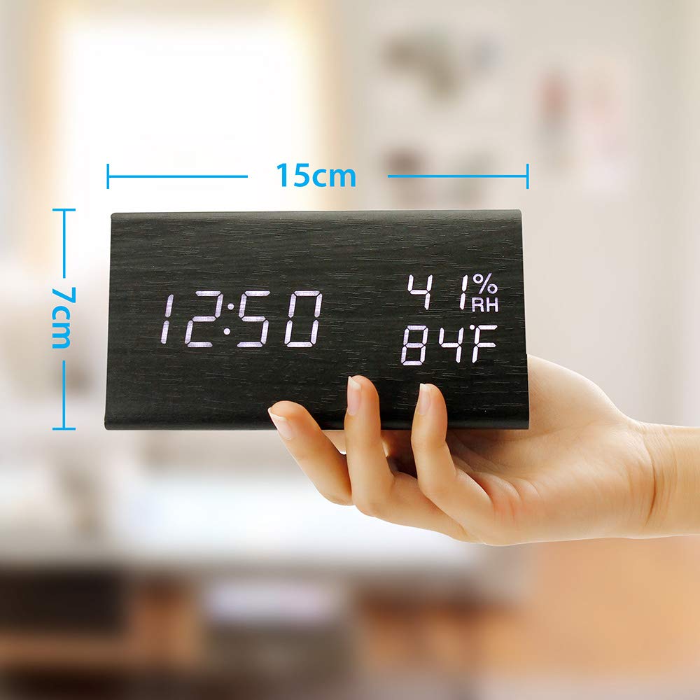 Oct17 Wooden Alarm Clock, Smart Led Digital Clock For Bedroom/Desks, Upgraded With Time Temperature, Adjustable Brightness And V