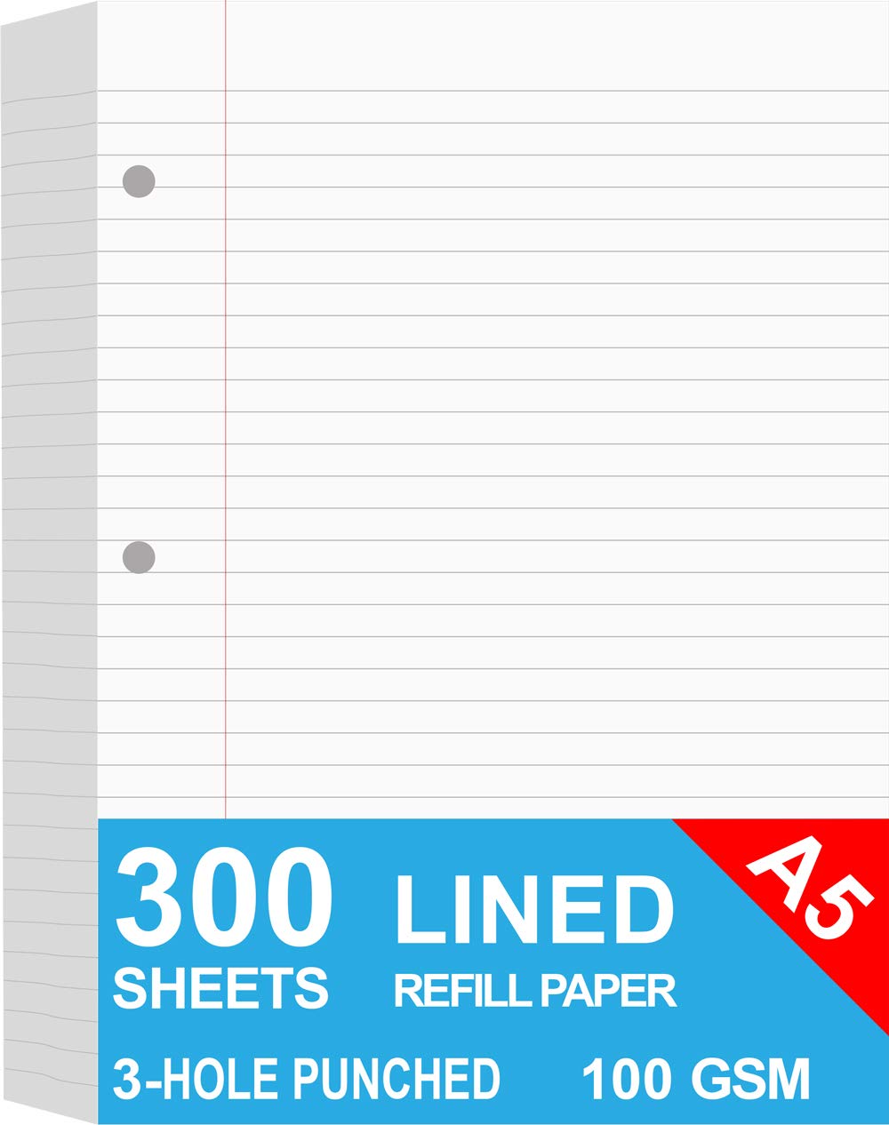 (3-Pack) A5 Filler Paper, 3 Hole Planner Refills, Organizer, Loose-Leaf Binder Paper, Total 300 Sheets/600 Pages, Lined, 100Gsm,