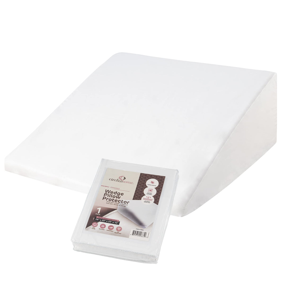 Circleshome Wedge Pillow Cover 100% Cotton, Zippered Wedge Pillow Case Protector, Soft, Hypoallergenic & Breathable - 25X25X10X2