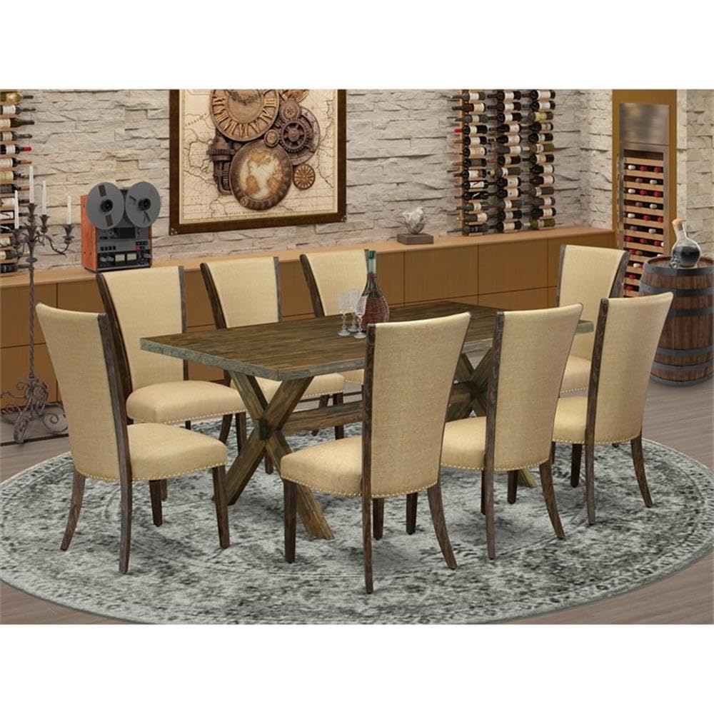 East West Furniture X777Ve703-9 9 Piece Dining Room Furniture Set Includes A Rectangle Dining Table With X-Legs And 8 Brown Linen Fabric Upholstered Chairs, 40X72 Inch, Multi-Color