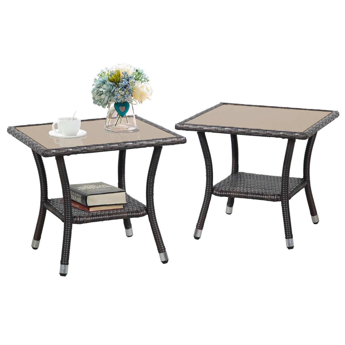 Verano Garden Outdoor Side Table Set Of 2, 20'' Square Wicker End Table, Tempered Glass Top Coffee Table With Storage, Aluminum