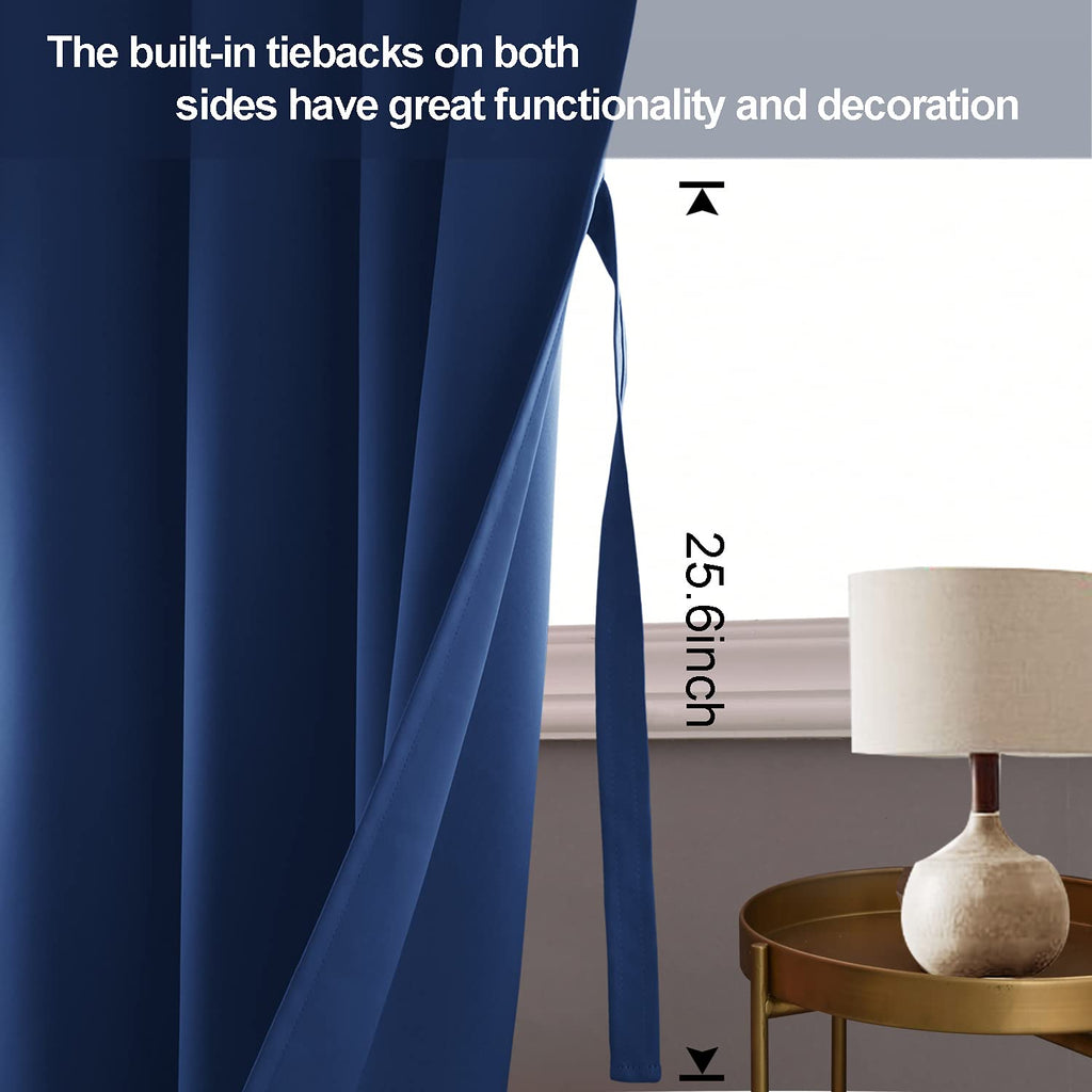 Jiuzhen Classic Blue Blackout Curtains With Tiebacks Thermal Insulated, Light Blocking And Noise Reducing Grommet Curtains For And Living Room, Set Of 2 Window Curtain Panels, 60 X 72 Inch Length