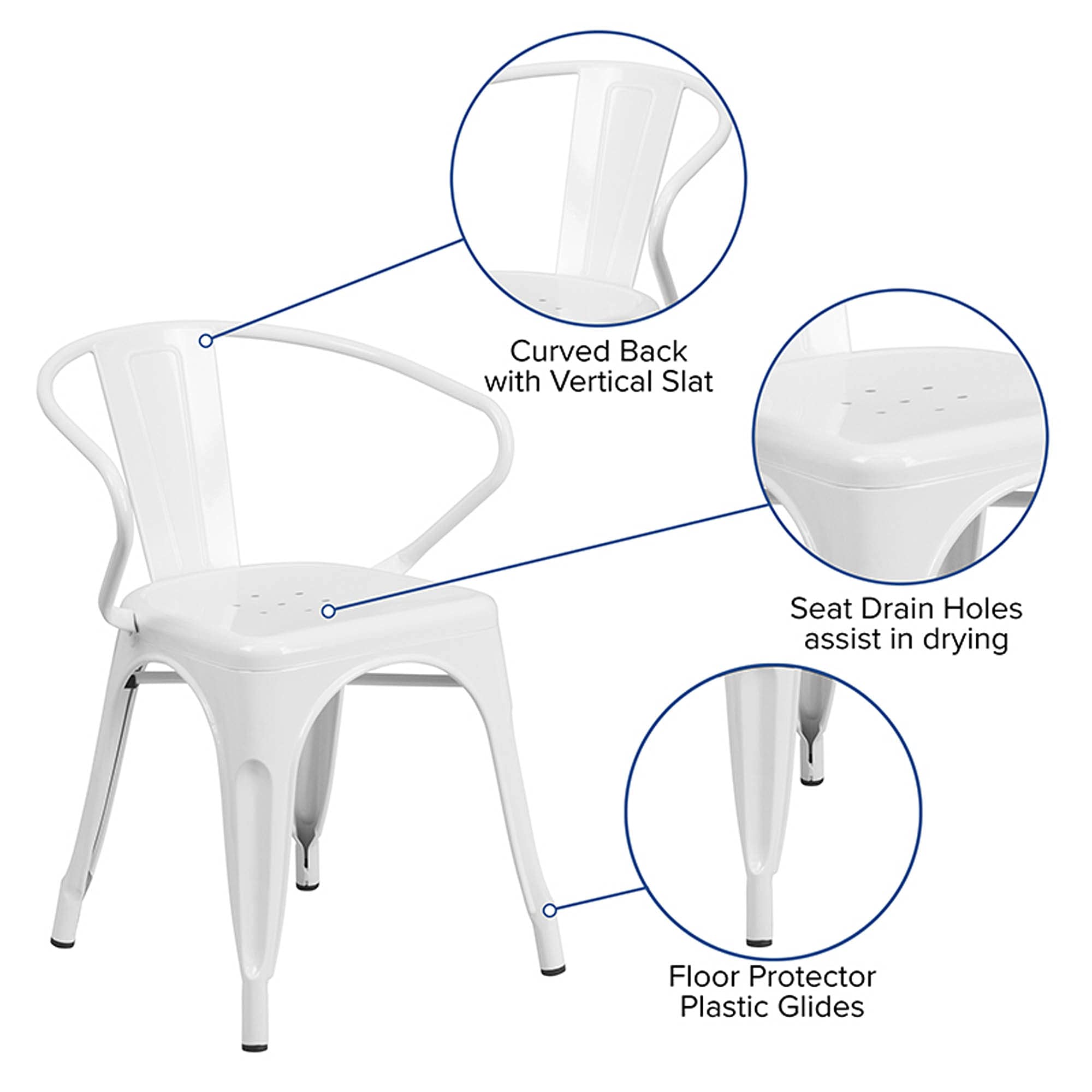Flash Furniture Luna Commercial Grade White Metal Indoor-Outdoor Chair with Arms