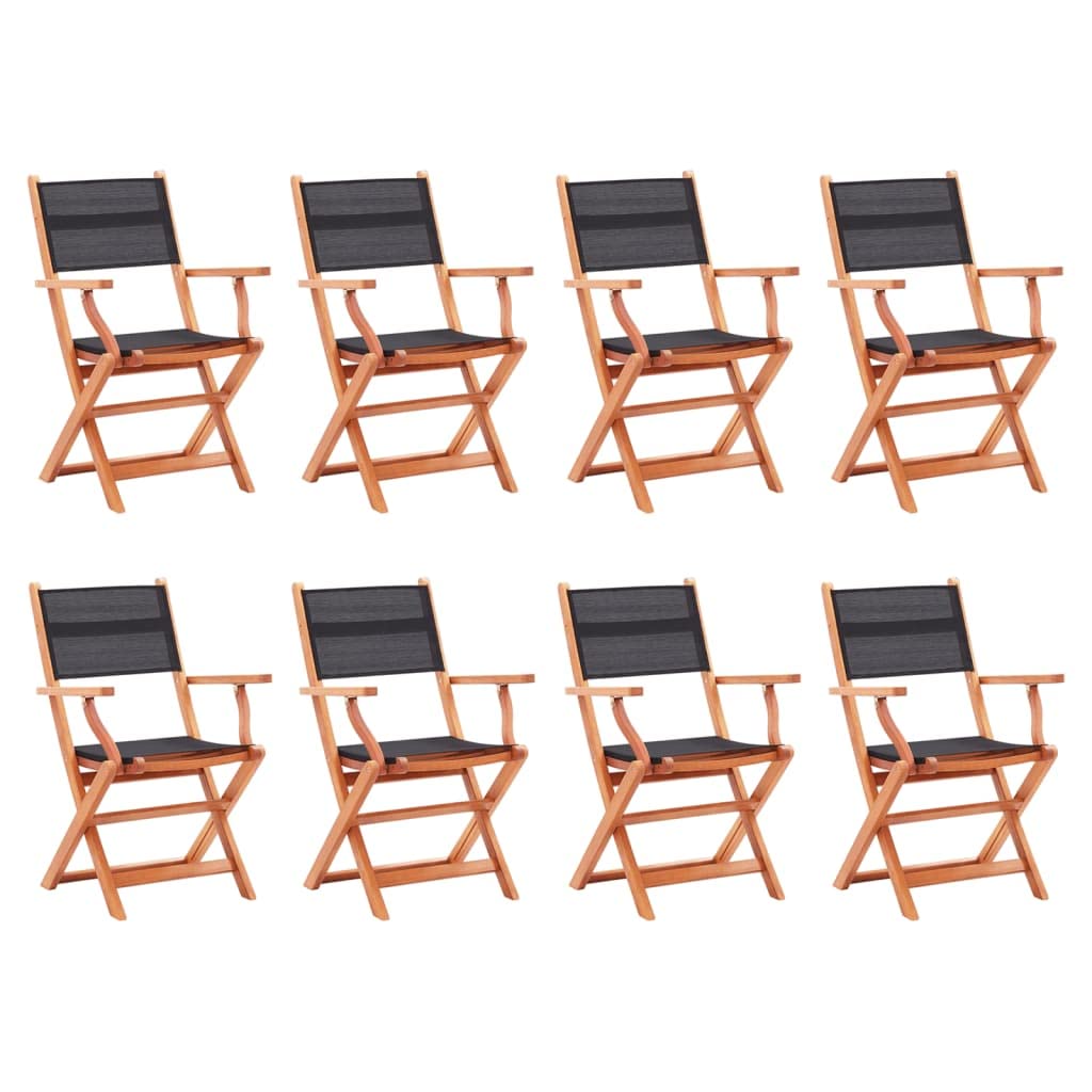 vidaXL Patio Folding Chairs, 8 Pcs, Camping Garden Chair with Armrest, Outdoor Chair for Garden, Retro Style, Black Solid Wood Eucalyptus&Textilene